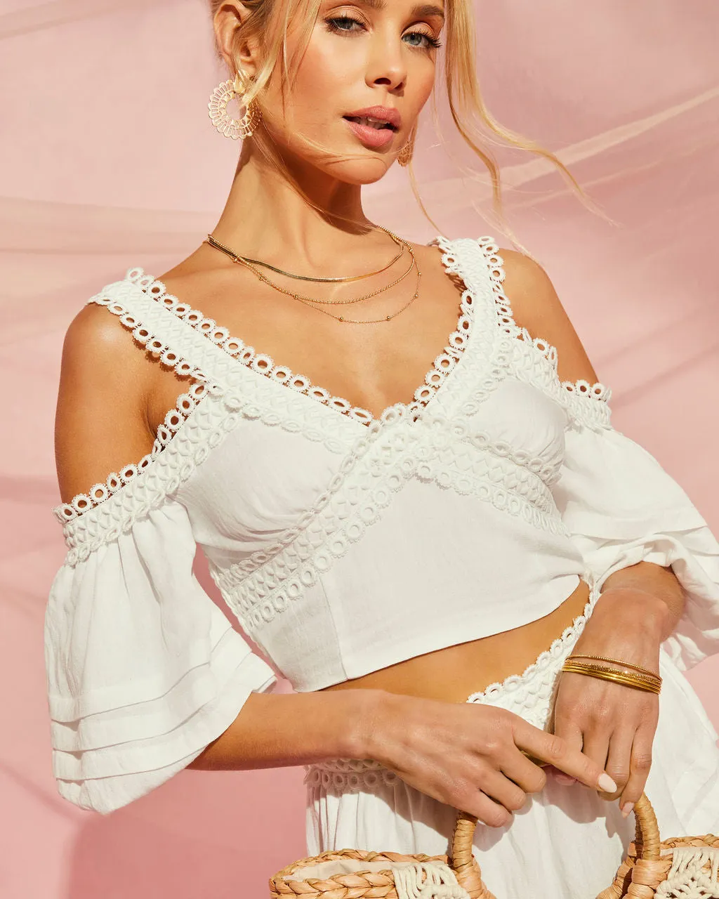 Calista Lace Embroidered Off The Shoulder Crop Top