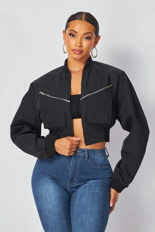 Carolina Crop Open Front Nylon Bomber Jacket