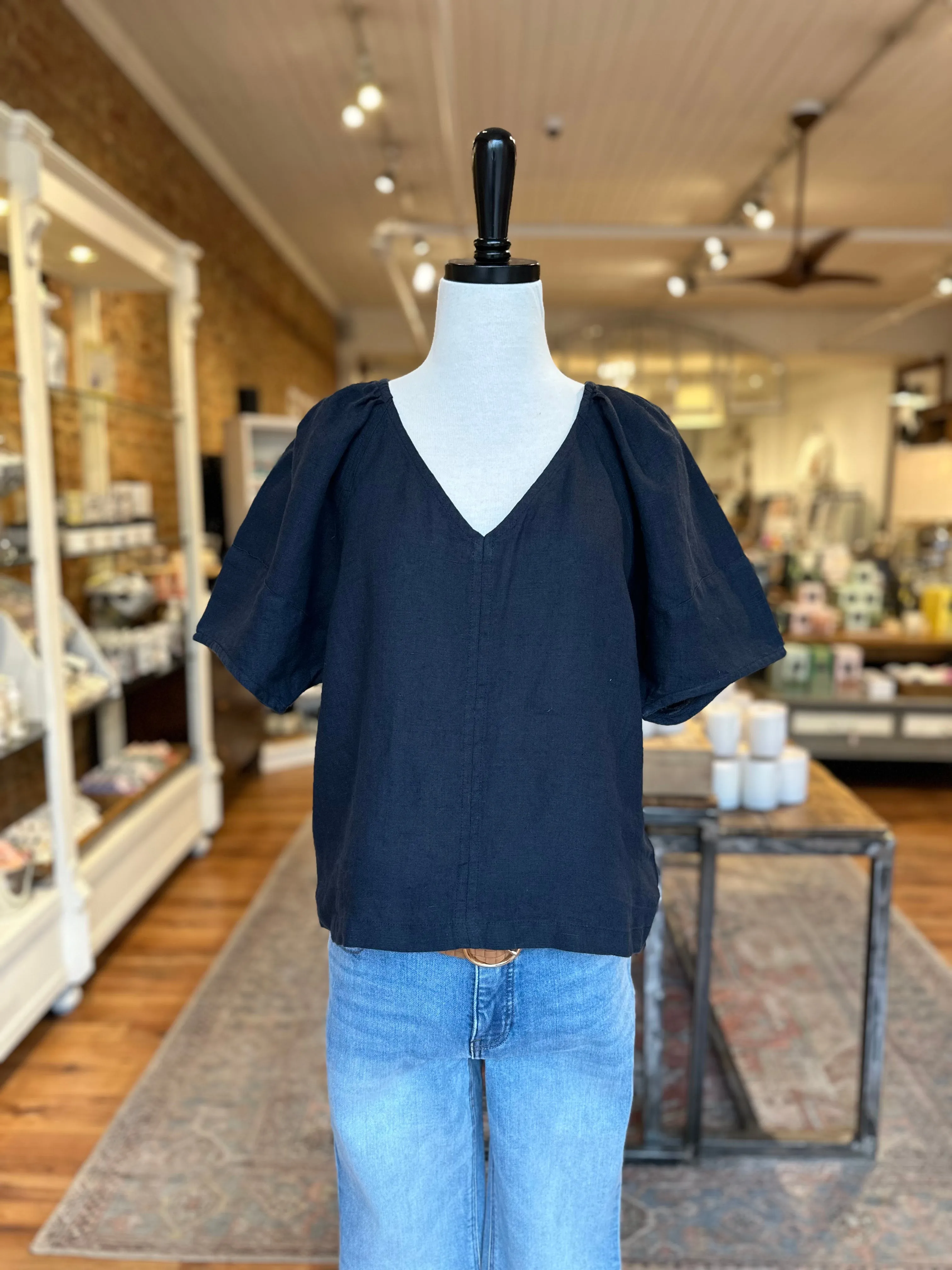 Celine Puff Sleeve Linen Top in Navy