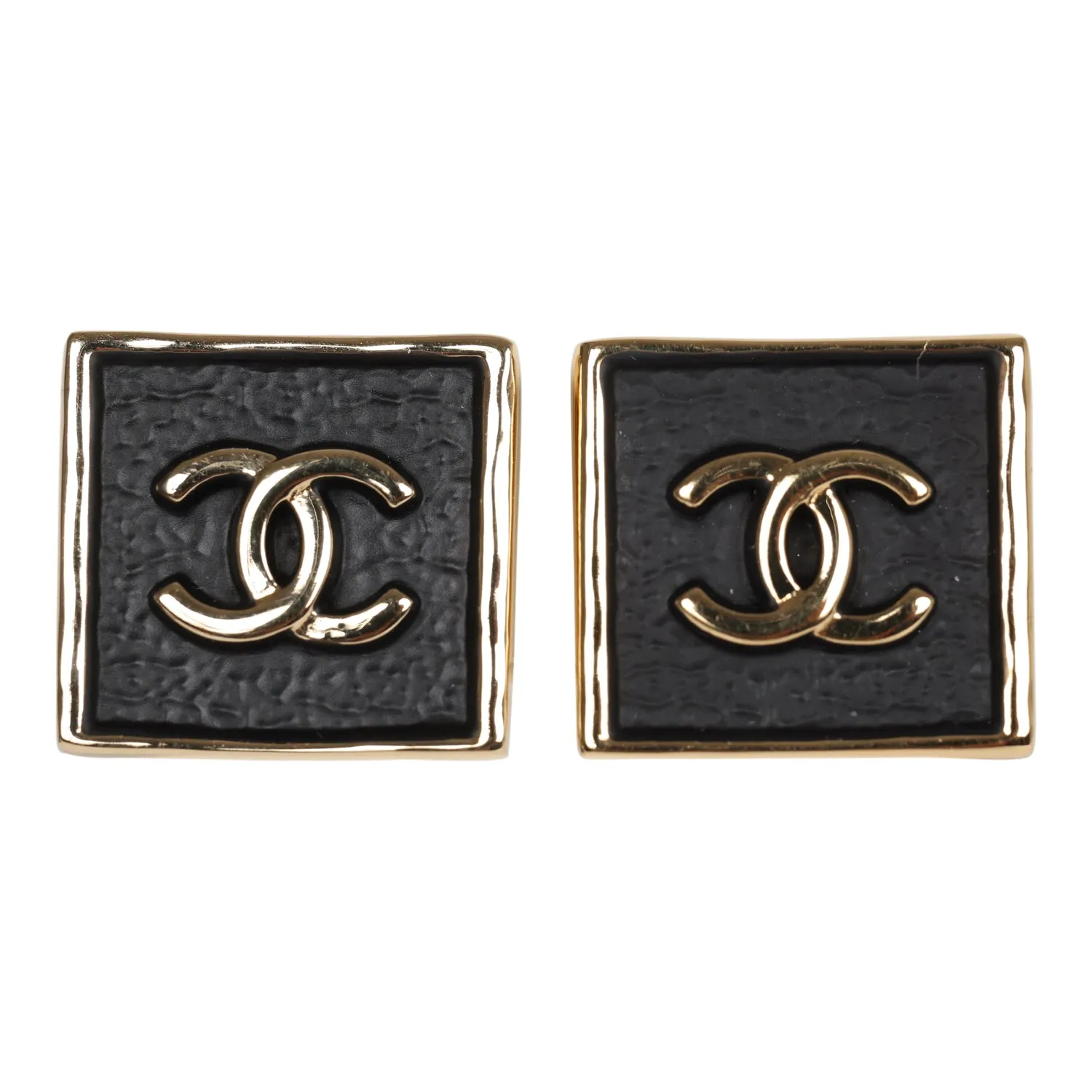 Chanel CC Logo Square Earrings Black Gold Metal