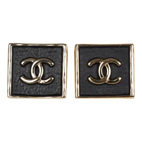 Chanel CC Logo Square Earrings Black Gold Metal