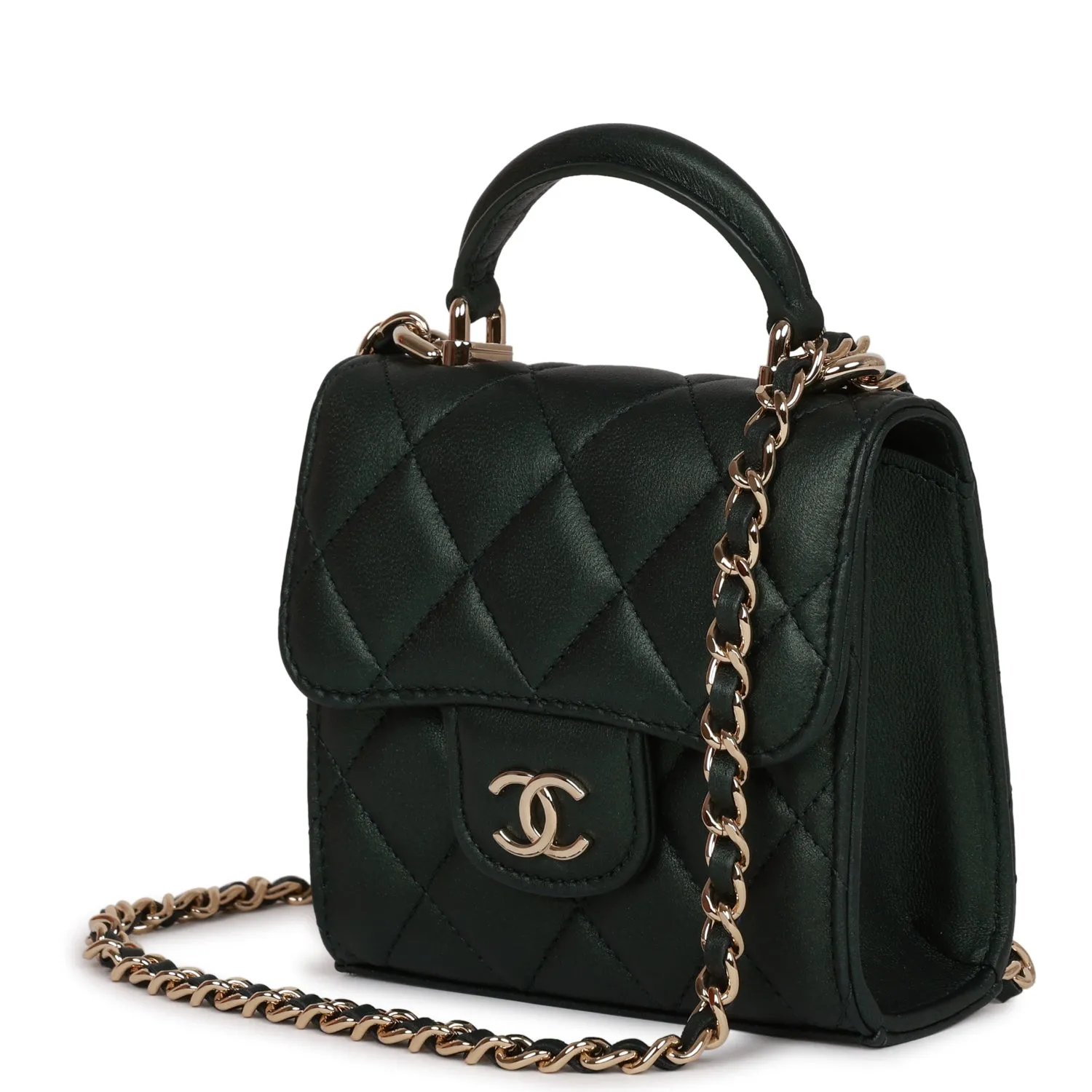 Chanel Mini Top Handle Clutch With Chain Dark Green Iridescent Lambskin Light Gold Hardware