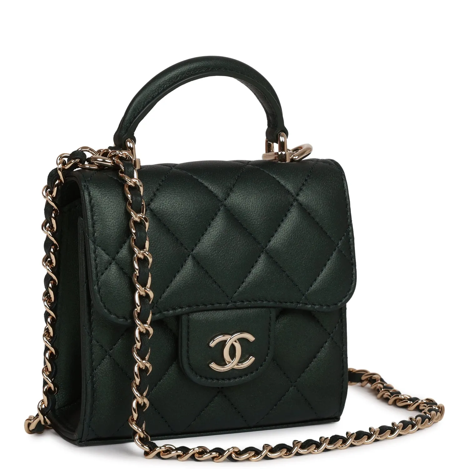 Chanel Mini Top Handle Clutch With Chain Dark Green Iridescent Lambskin Light Gold Hardware