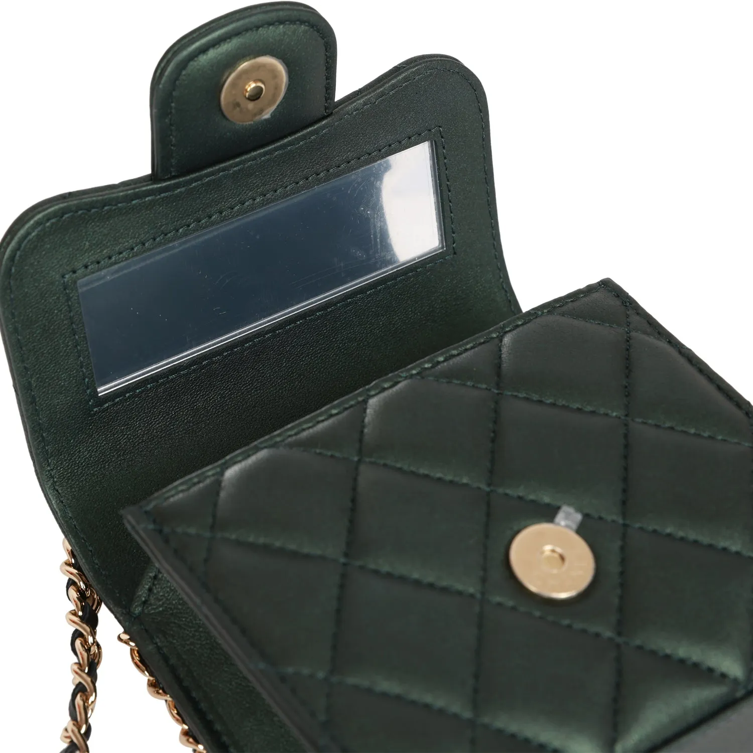 Chanel Mini Top Handle Clutch With Chain Dark Green Iridescent Lambskin Light Gold Hardware