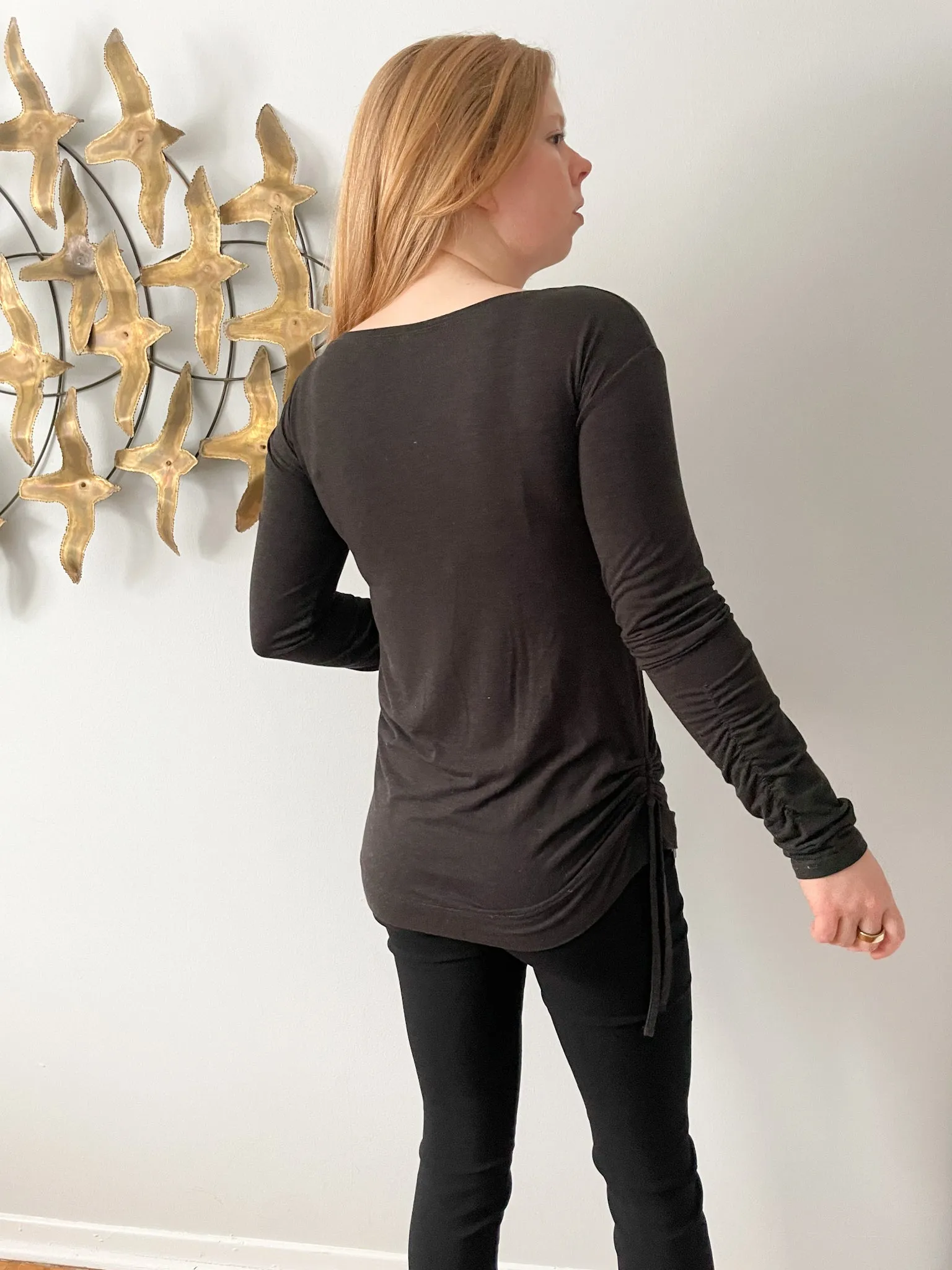 Charcoal Grey Jersey Stretch Gathered Long Sleeve Top - S/M