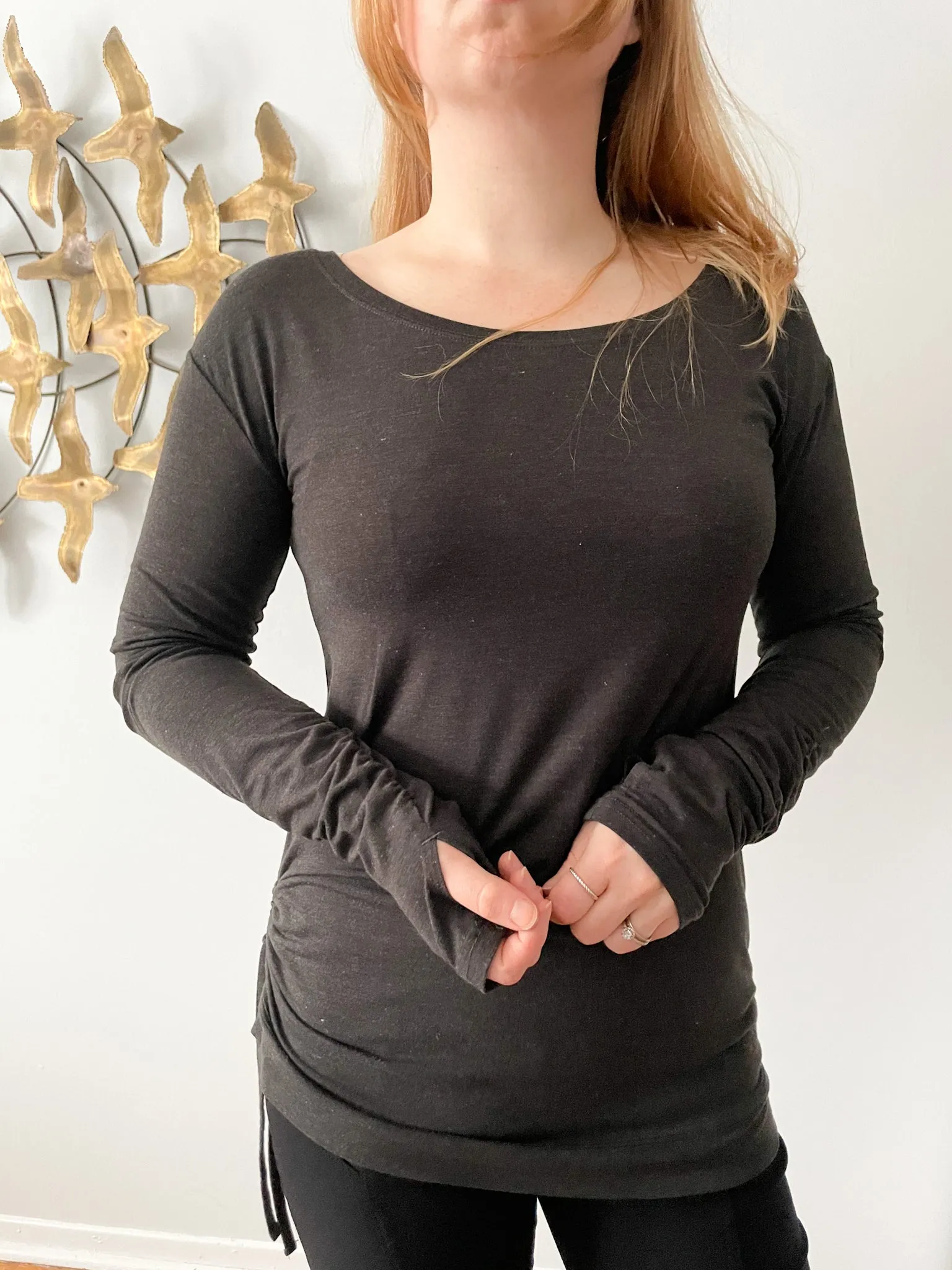 Charcoal Grey Jersey Stretch Gathered Long Sleeve Top - S/M