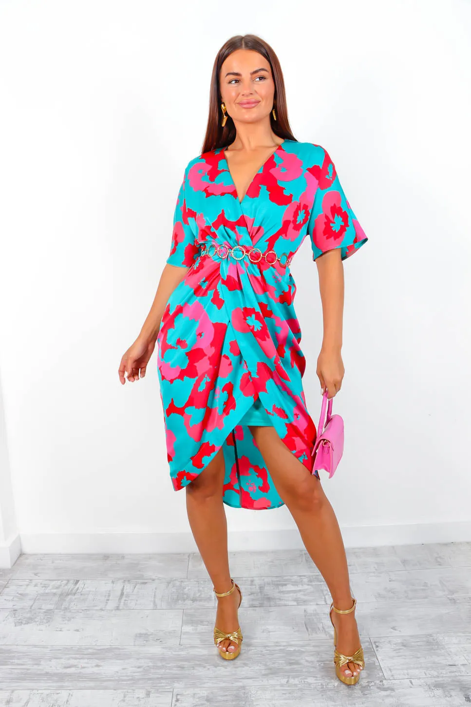 Cocktail OClock - Turquoise Pink Print Midi Dress