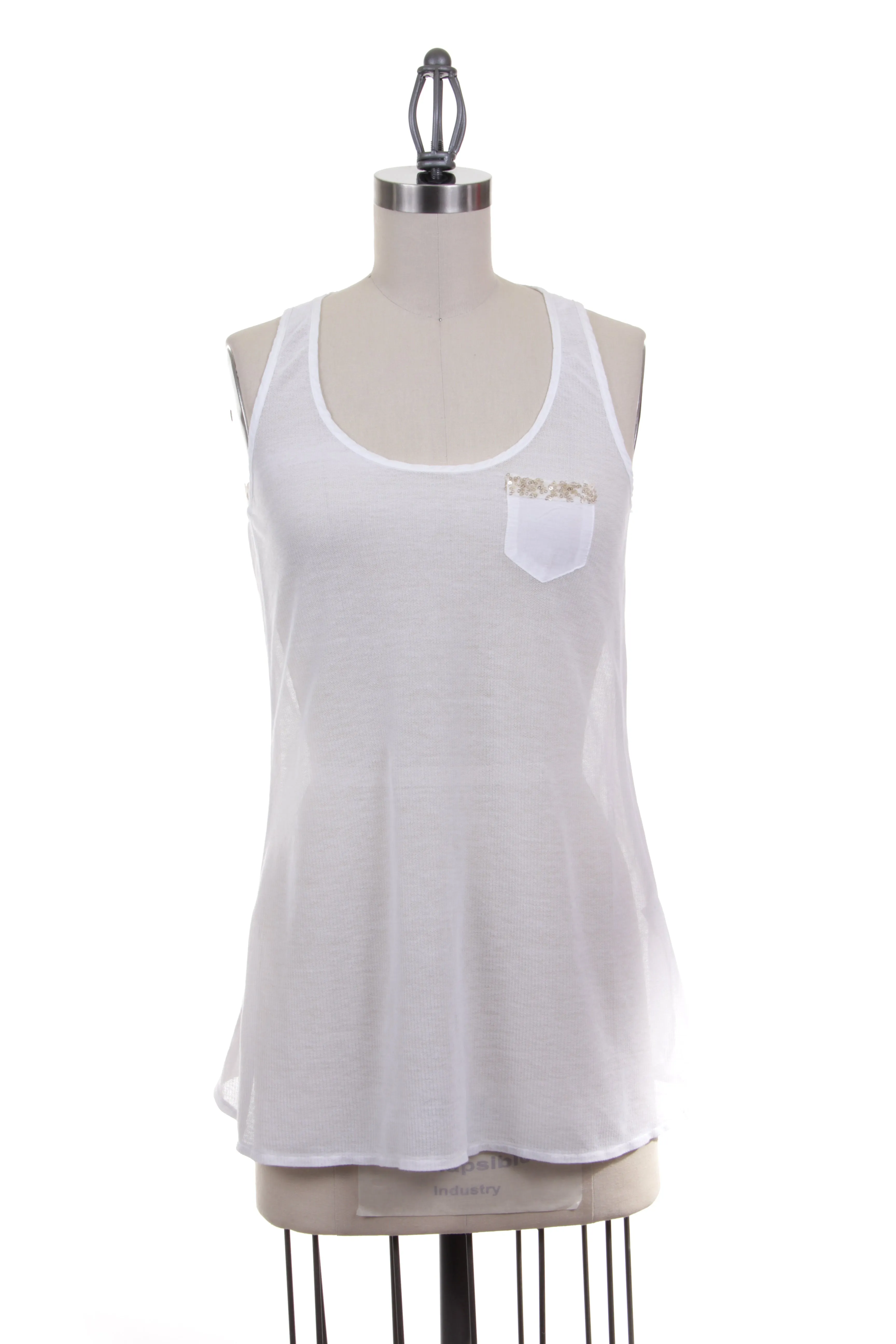 Cotton & Silk Tank Top with Rhinestone Pocket Detail