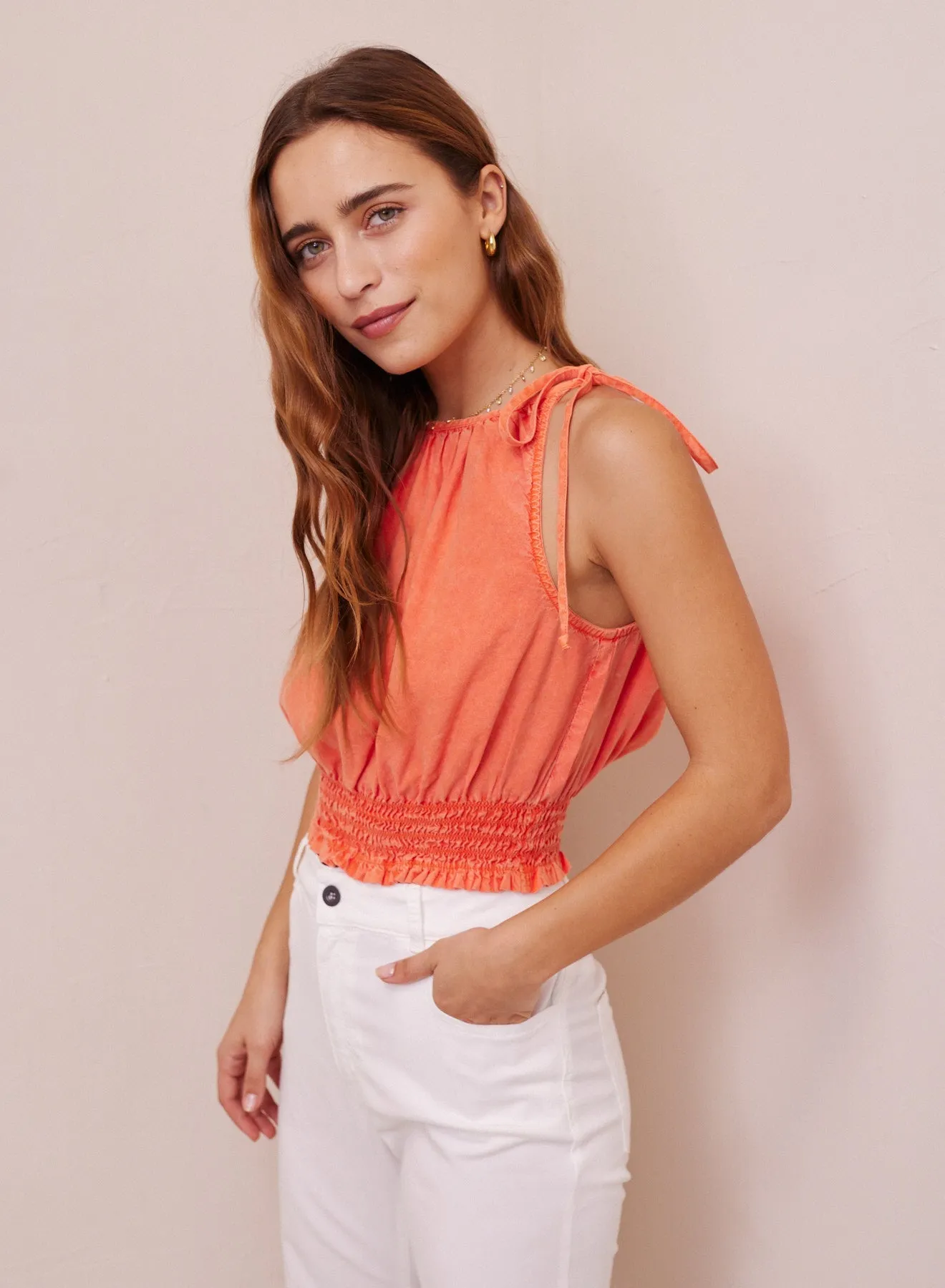 Crop Smocked Waist Tencel Top - Mandarin Orange