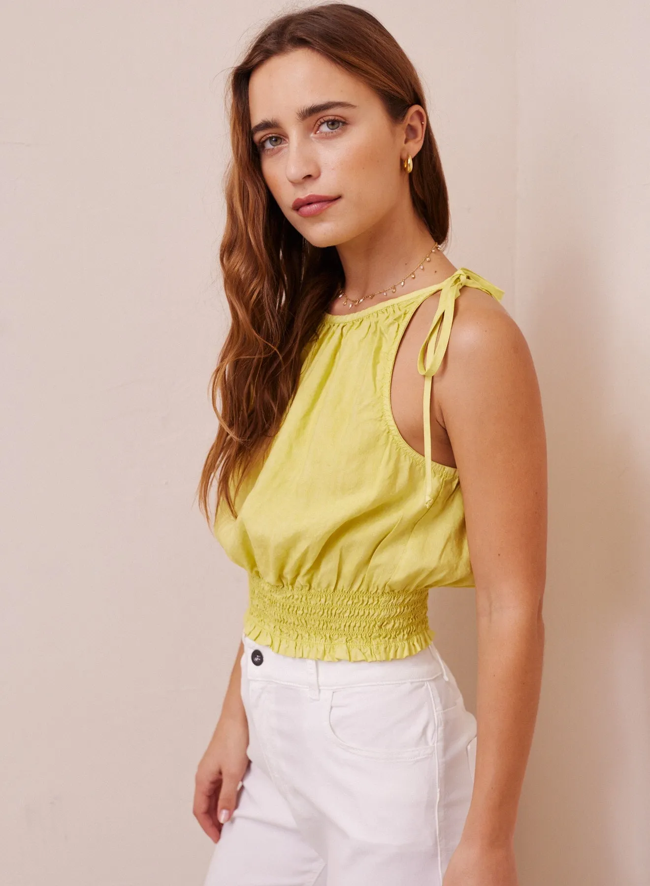 Crop Smocked Waist Tencel Top - Sweet Limeade