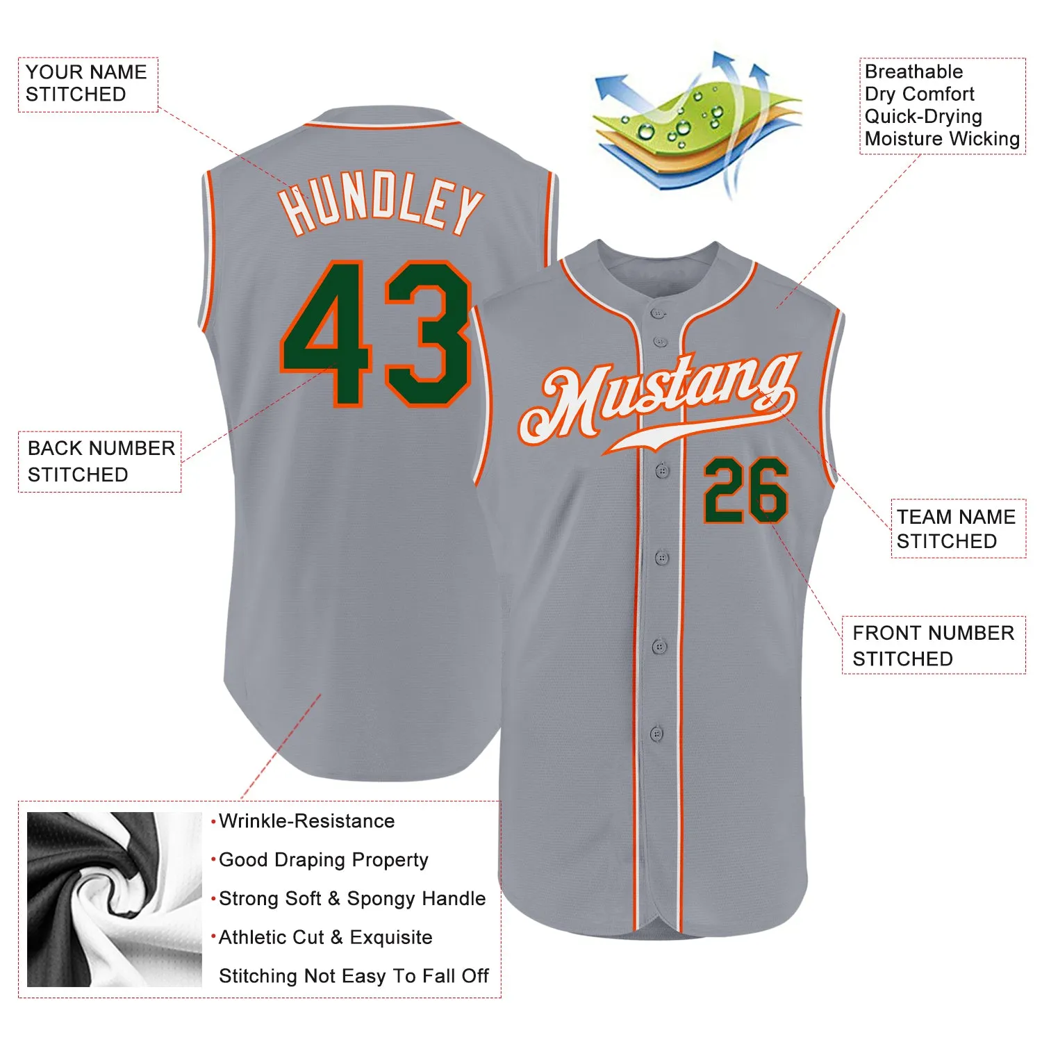 Custom Gray Green-Orange Authentic Sleeveless Baseball Jersey