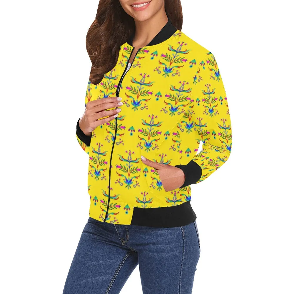 Dakota Damask Yellow All Over Print Bomber Jacket for Women