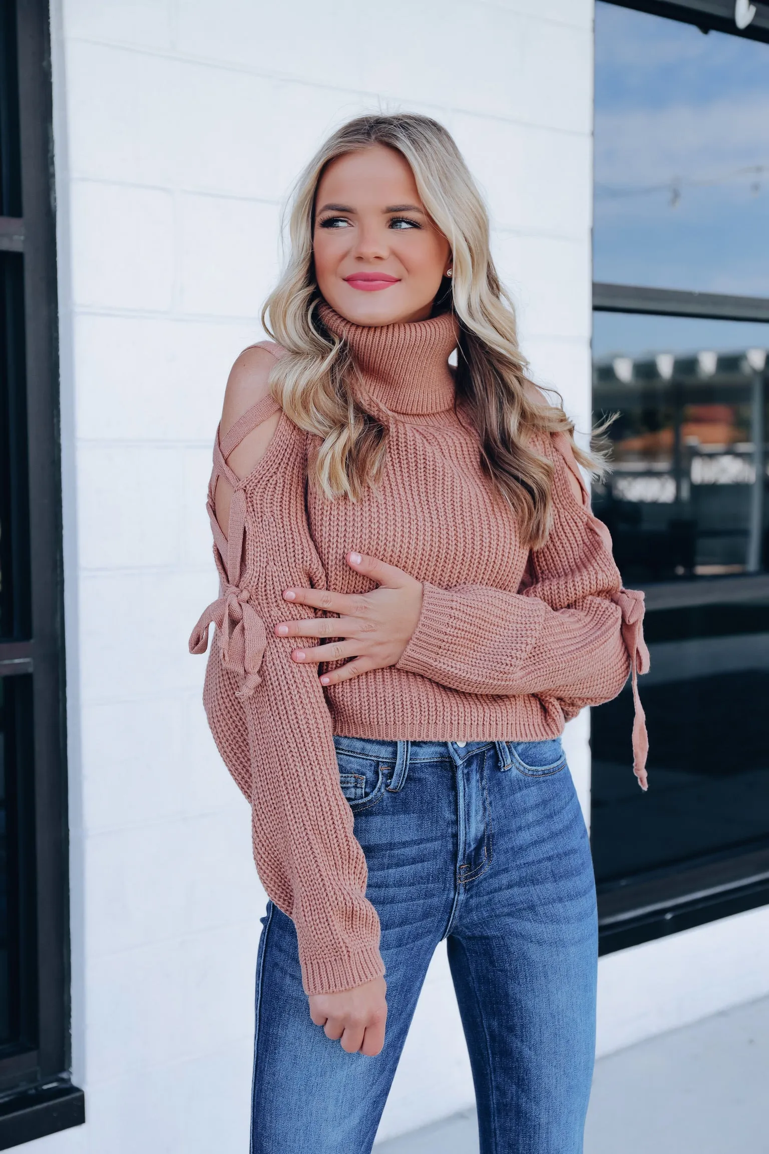 Eben Cold Shoulder Cropped Sweater - Tan