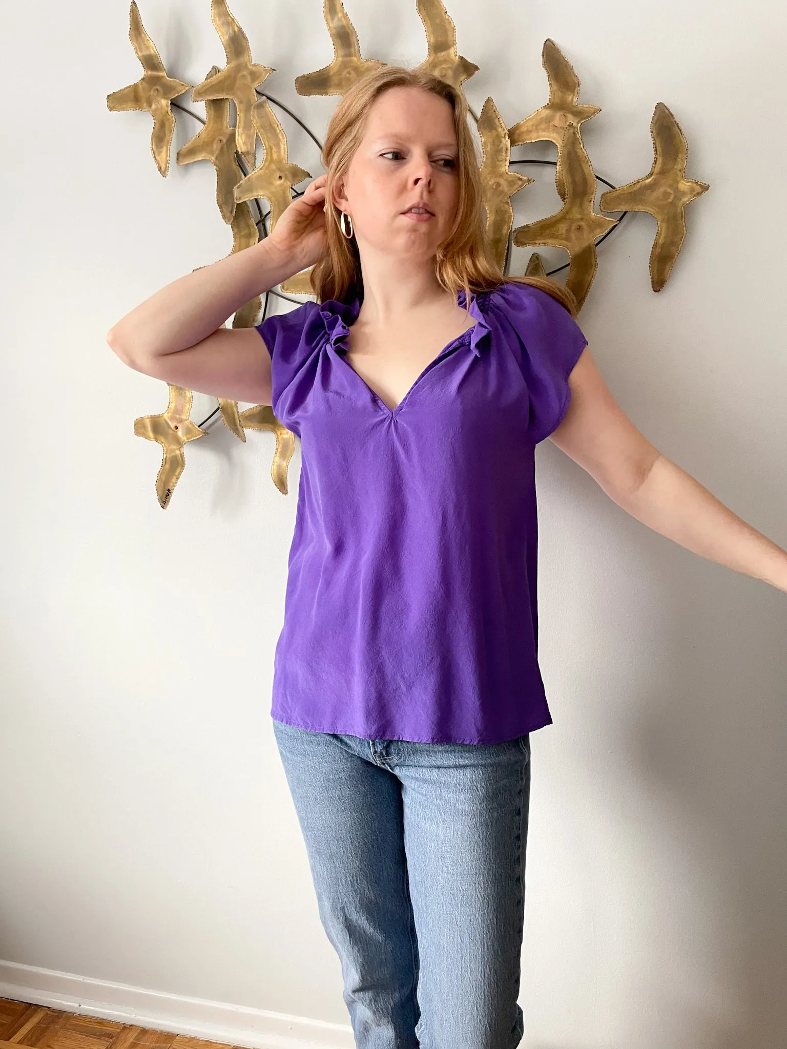 Eight Sixty Purple Silk Ruffle Top - Medium