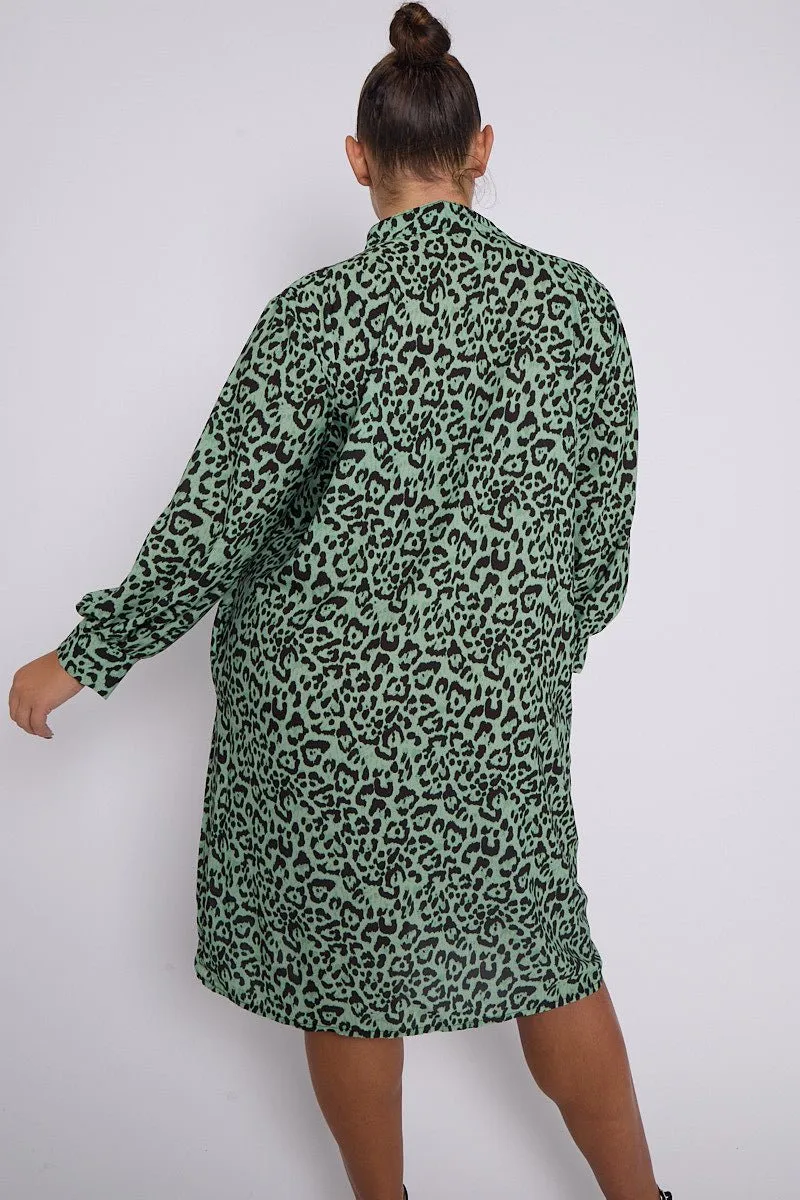 Eliana PLUS SIZE Green Animal Print Collar Style Dress With Pockets