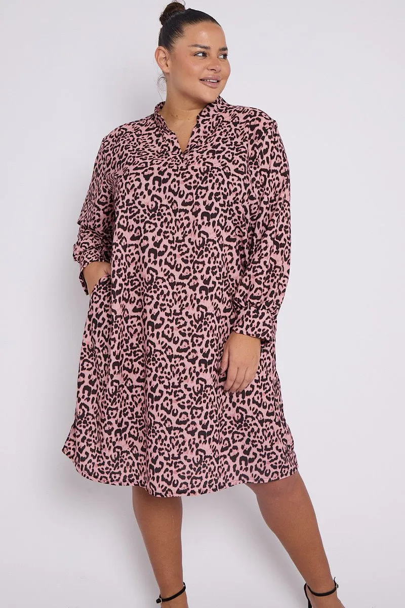 Eliana PLUS SIZE Pink Animal Print Collar Style Dress With Pockets