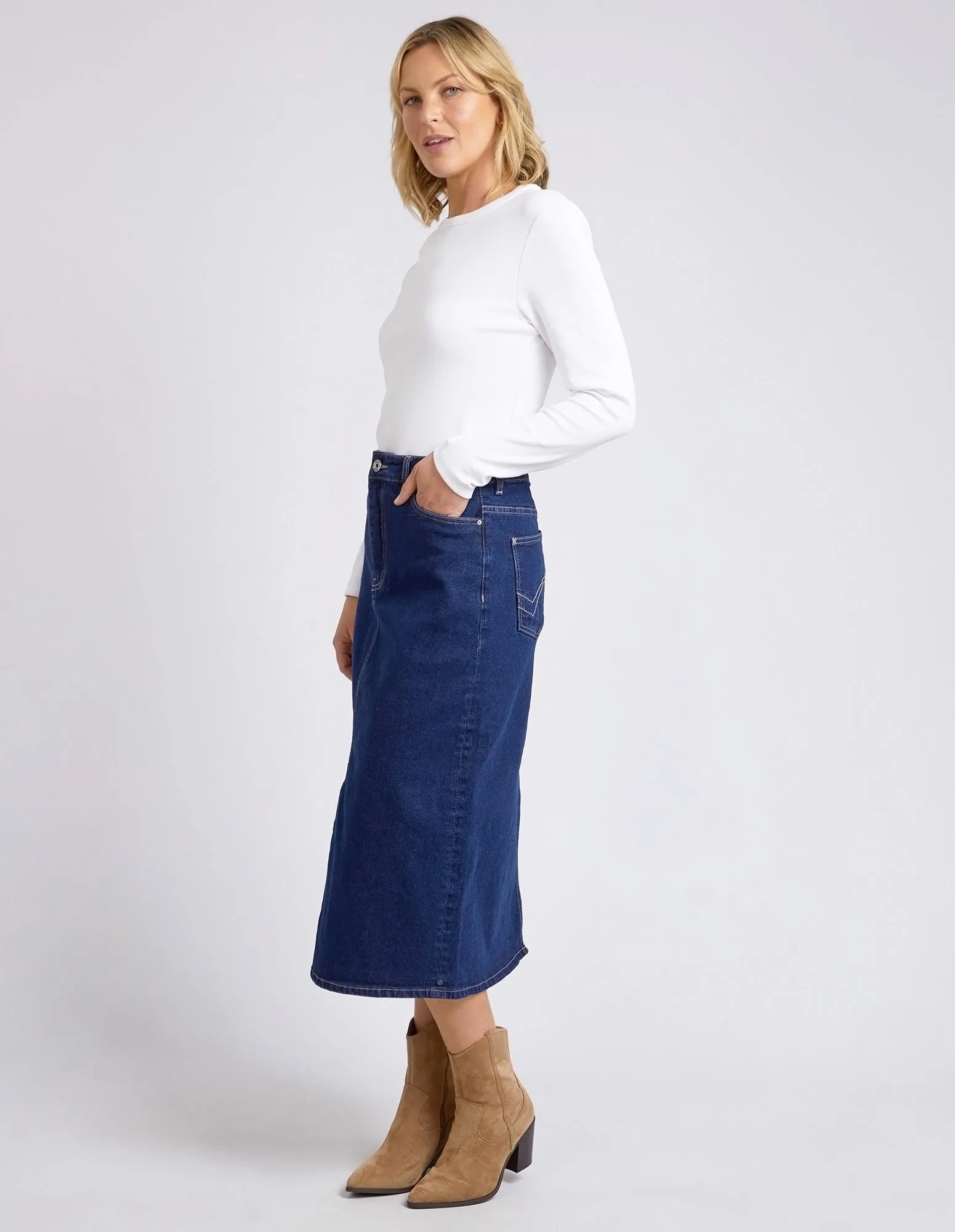 Eloise Denim Midi Skirt Dark Blue Wash