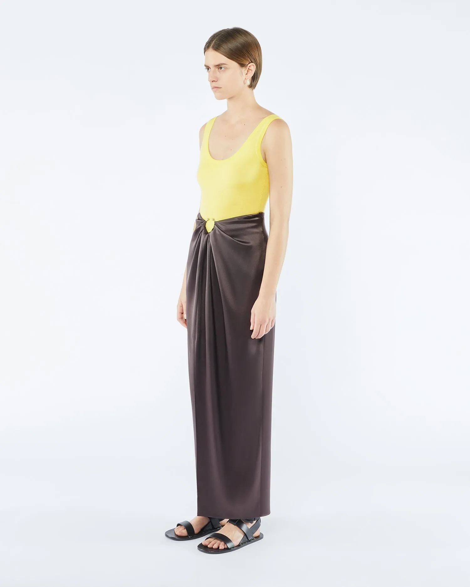 Emiko - Sale Slip Satin Sarong-Style Midi Skirt - Coffee Bean