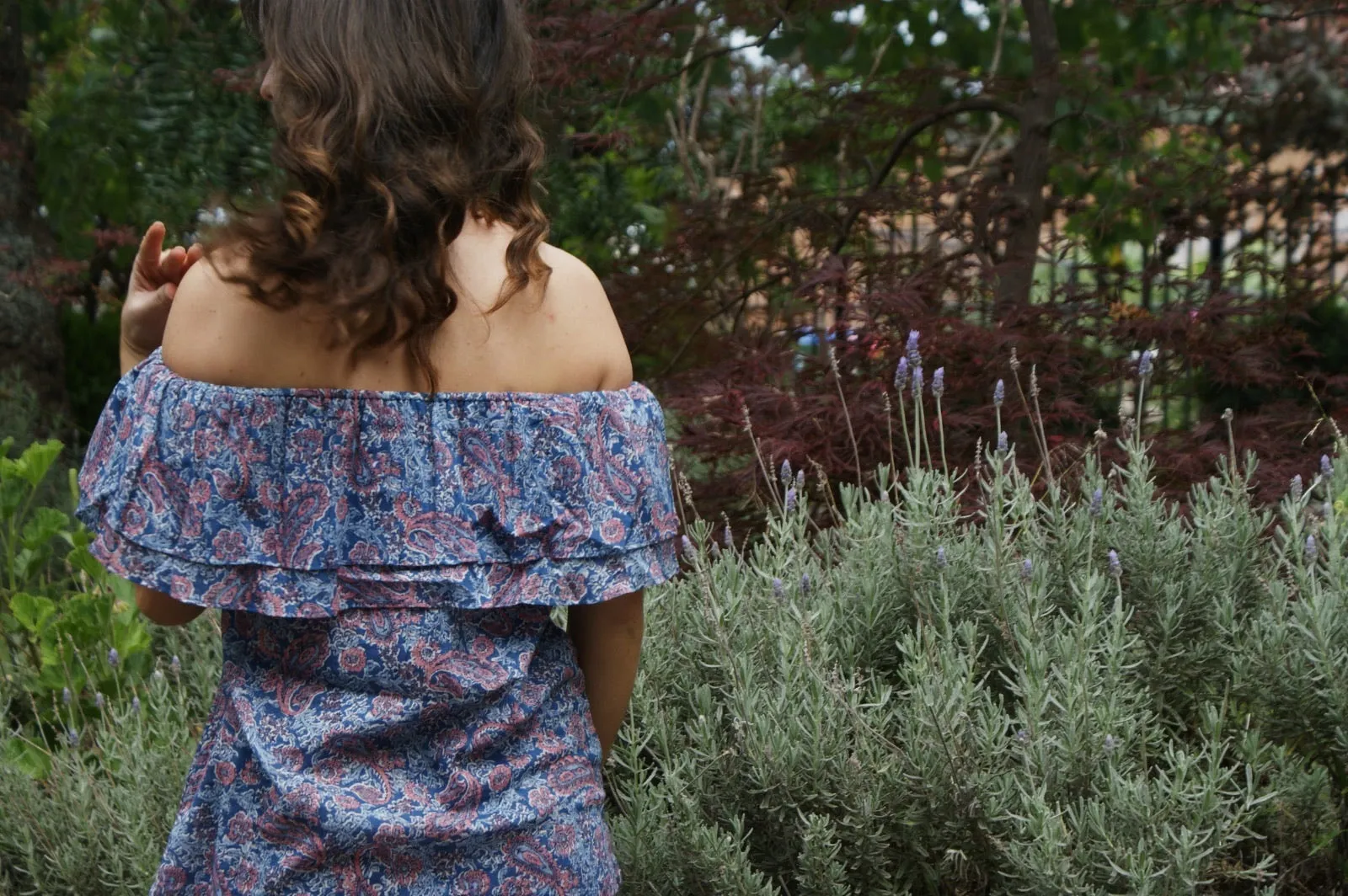 Fair Trade Cotton Off the Shoulder Top Blue & Pink Pattern Design