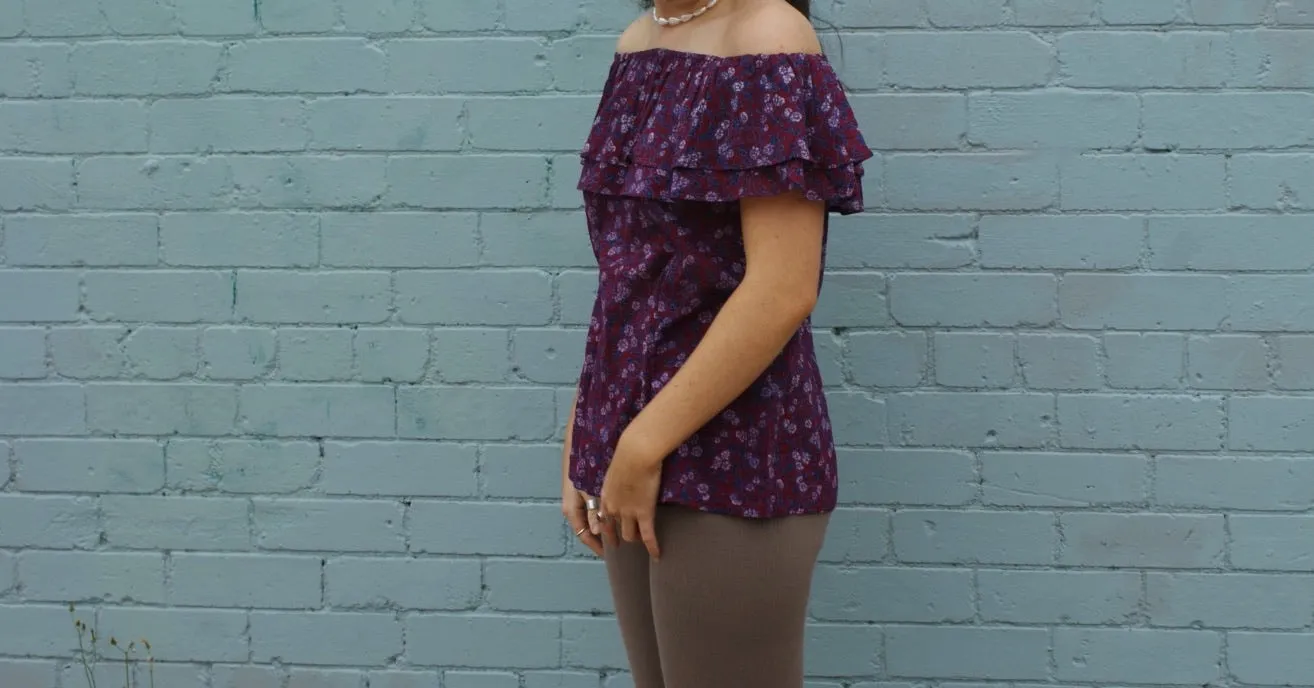 Fair Trade Cotton Off the Shoulder Top Maroon Flower Design