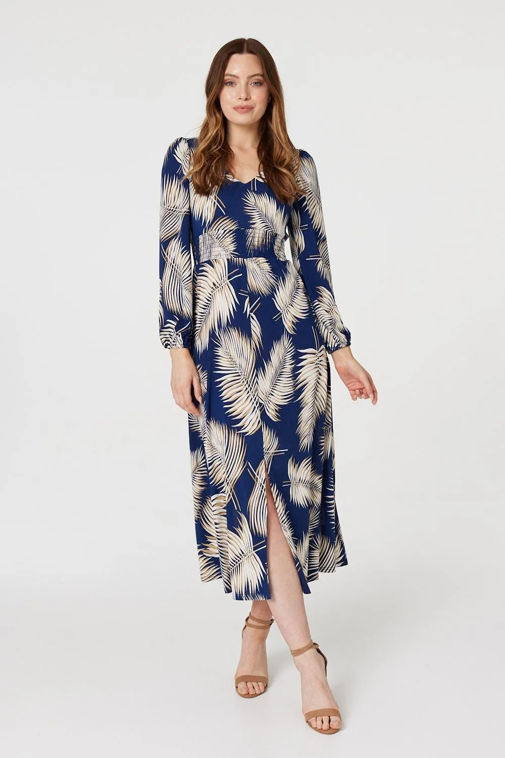 Feather Print Split Front Dress