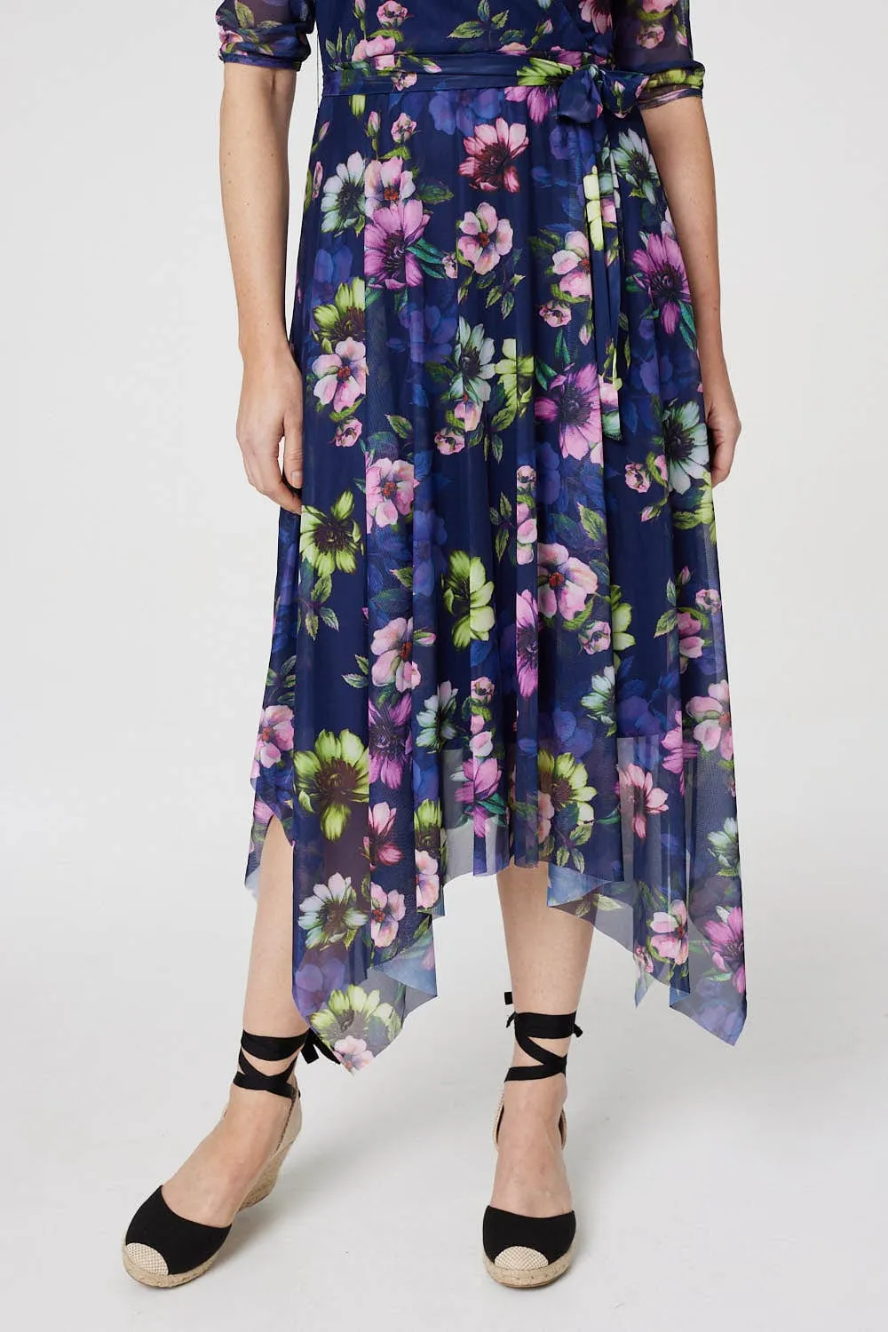 Floral Hanky Hem Mesh Midi Dress