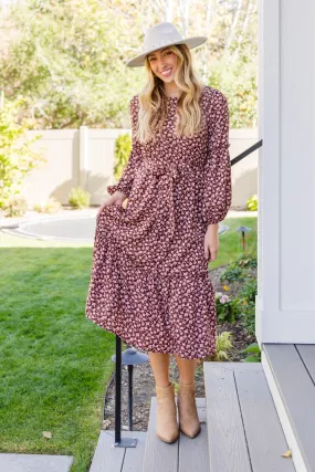 Flow With The Times Floral Midi Dress In Brown - Hayden