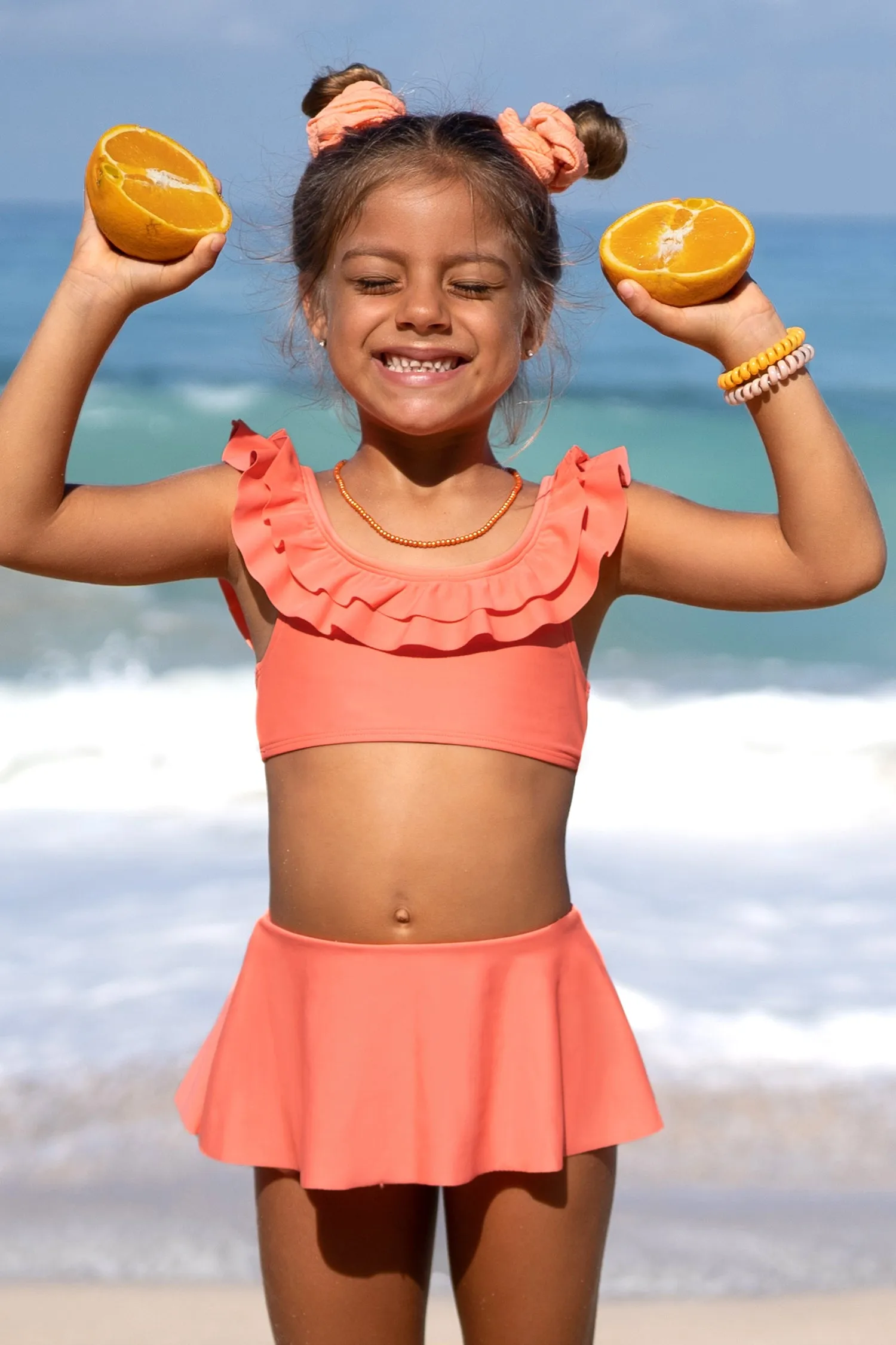 Girls Tiered Foldover Scoop Top & Ruffled Skirt Bikini Set