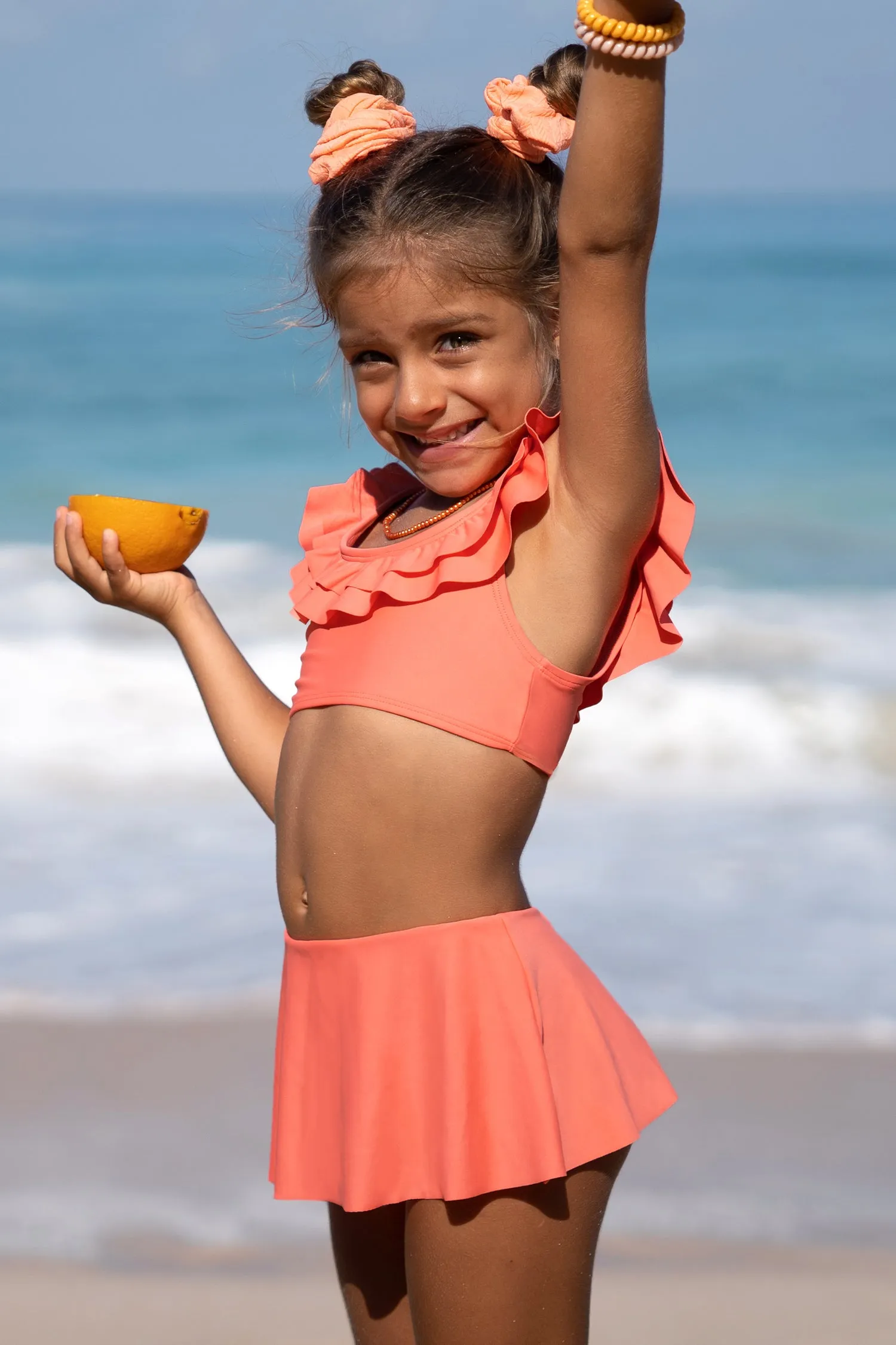 Girls Tiered Foldover Scoop Top & Ruffled Skirt Bikini Set