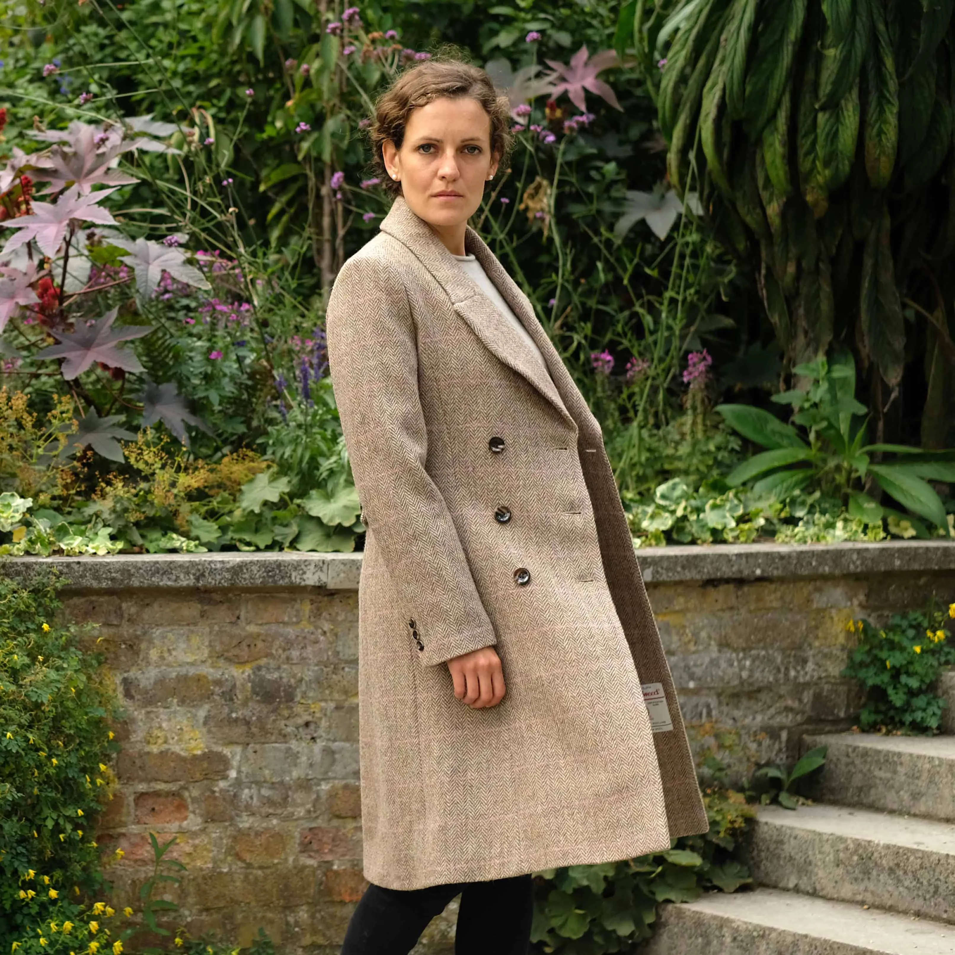 Harris Tweed Coat in Beige Herringbone