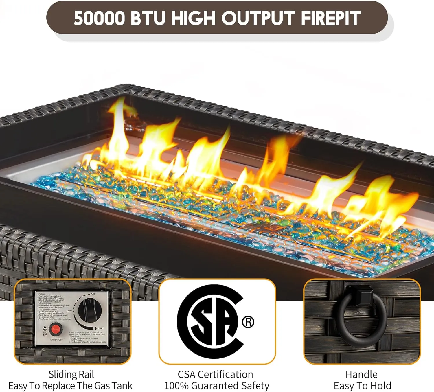 Homrest 44" Propane Gas Fire Pit Table 50000 BTU with Aluminum Tabletop, Black