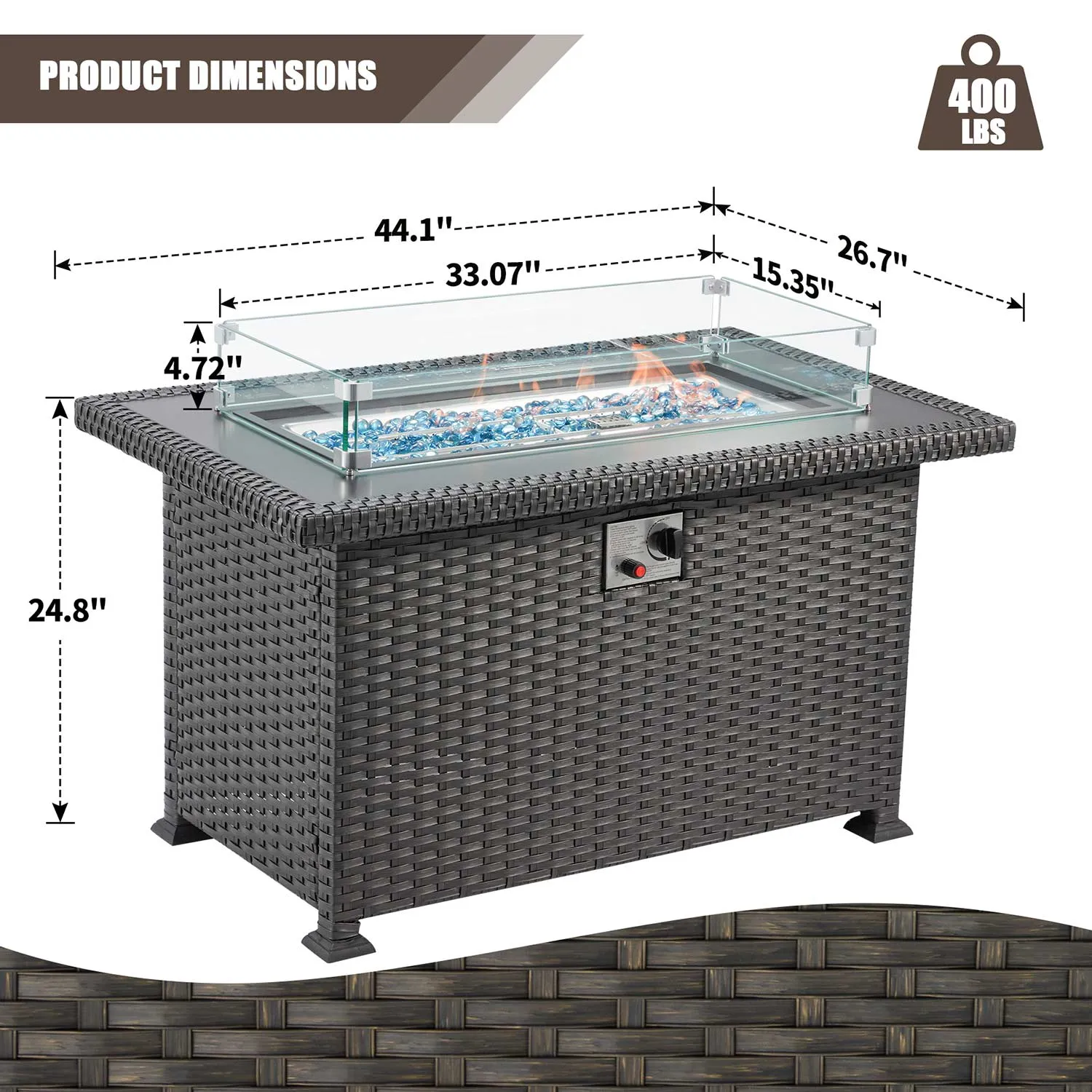 Homrest 44" Propane Gas Fire Pit Table 50000 BTU with Windguard, Aluminum Tabletop, Black