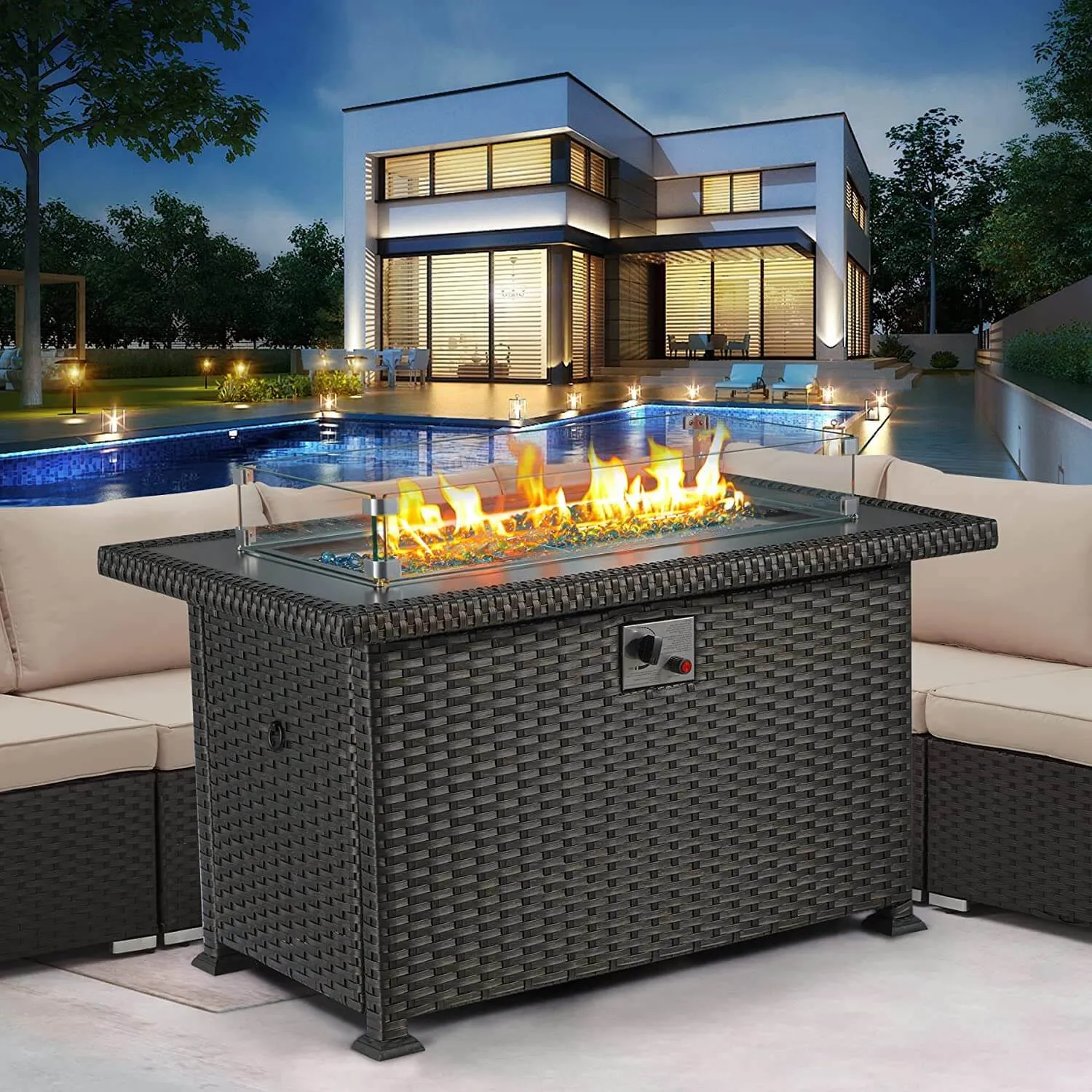 Homrest 44" Propane Gas Fire Pit Table 50000 BTU with Windguard, Aluminum Tabletop, Black