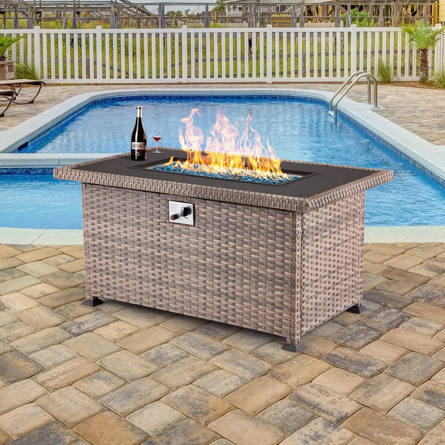 Homrest Propane Fire Pit Table with Glass Wind Guard and Slide Out Tank Holder, Light Brown (Copy)