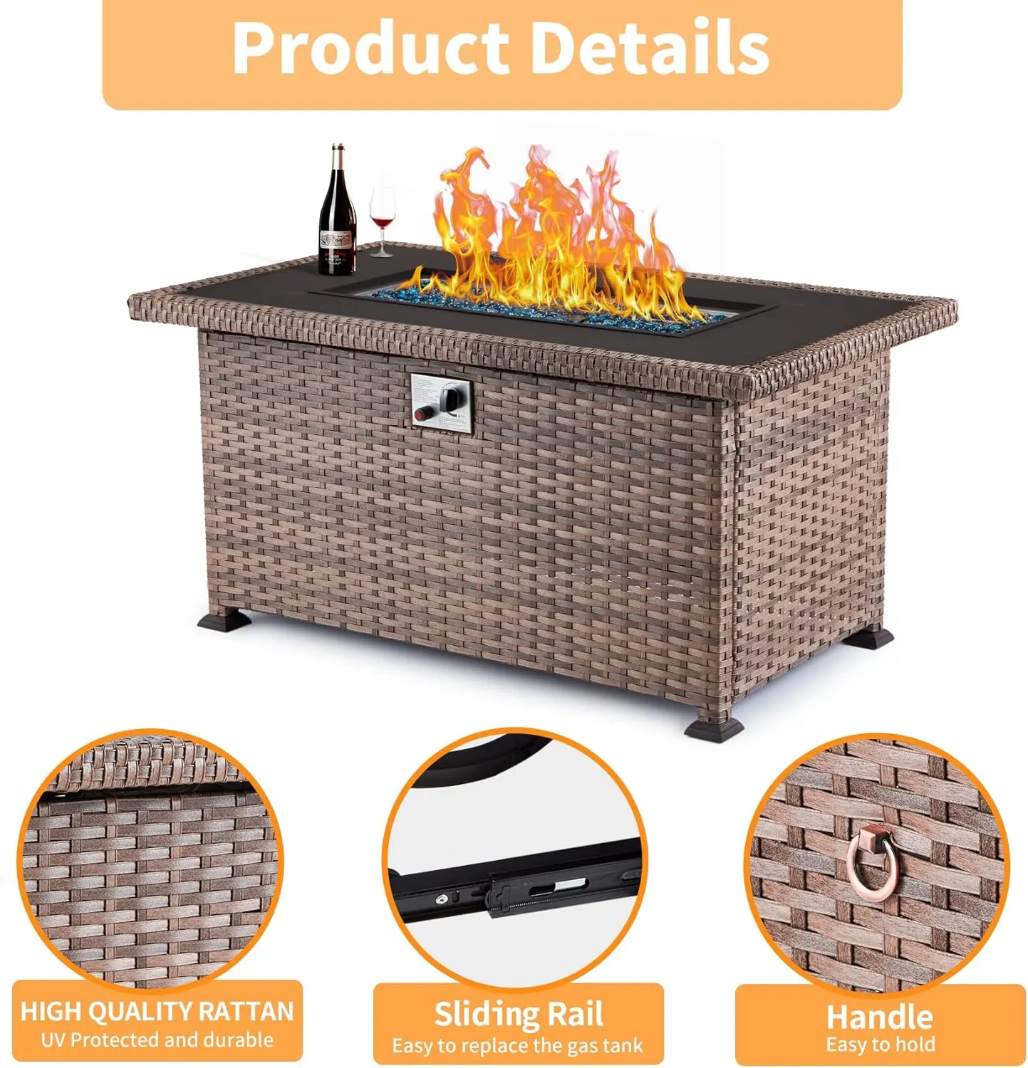 Homrest Propane Fire Pit Table with Glass Wind Guard and Slide Out Tank Holder, Light Brown (Copy)