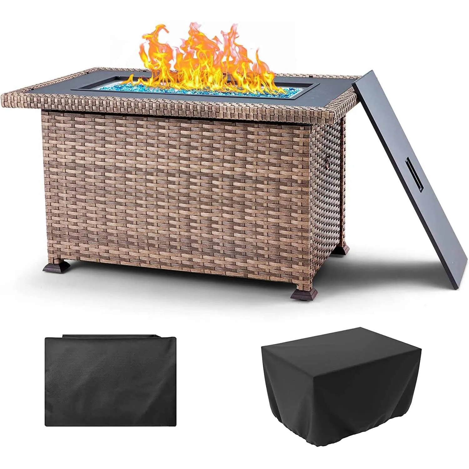 Homrest Propane Fire Pit Table with Slide Out Tank Holder, Light Brown