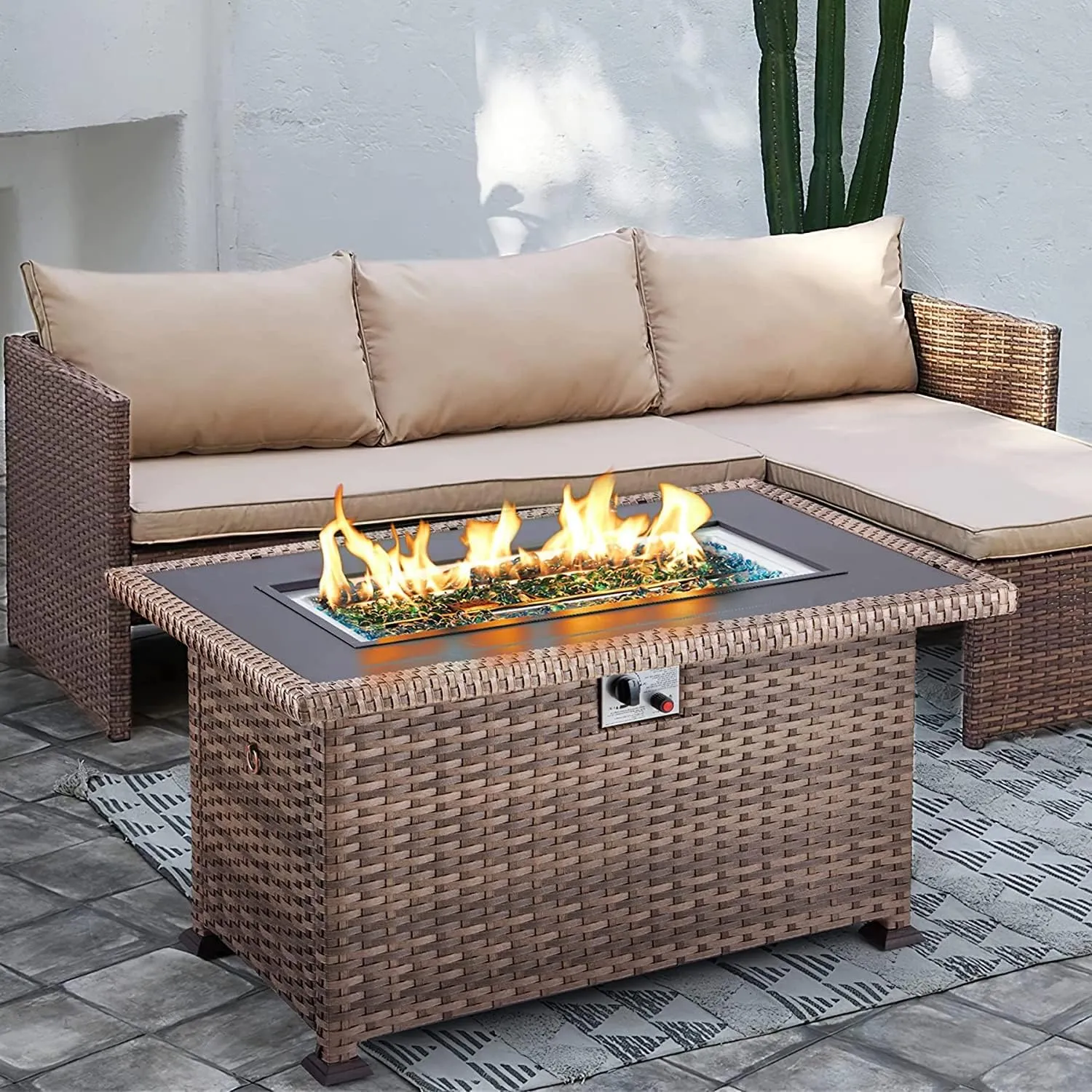 Homrest Propane Fire Pit Table with Slide Out Tank Holder, Light Brown