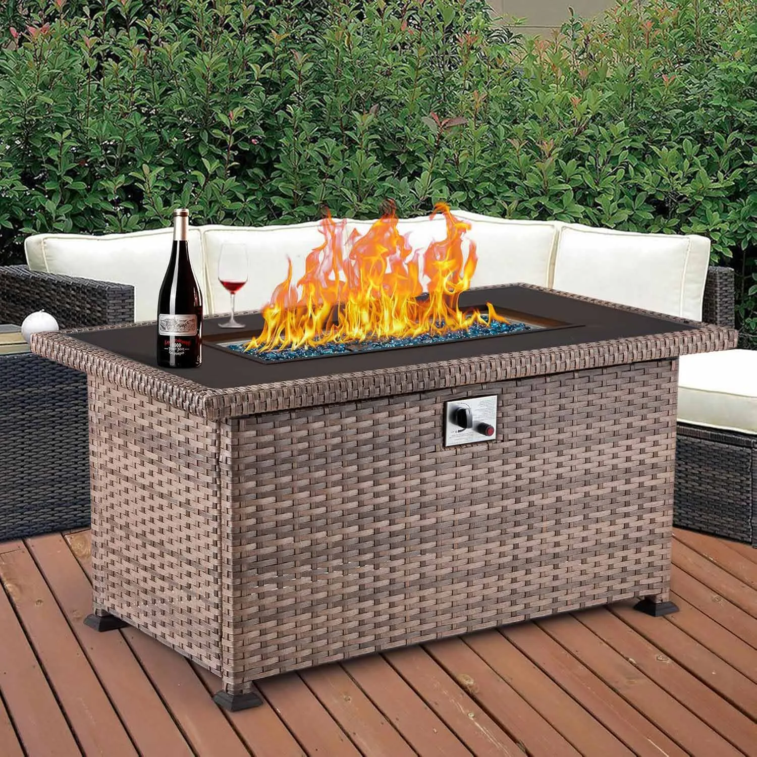 Homrest Propane Fire Pit Table with Slide Out Tank Holder, Light Brown