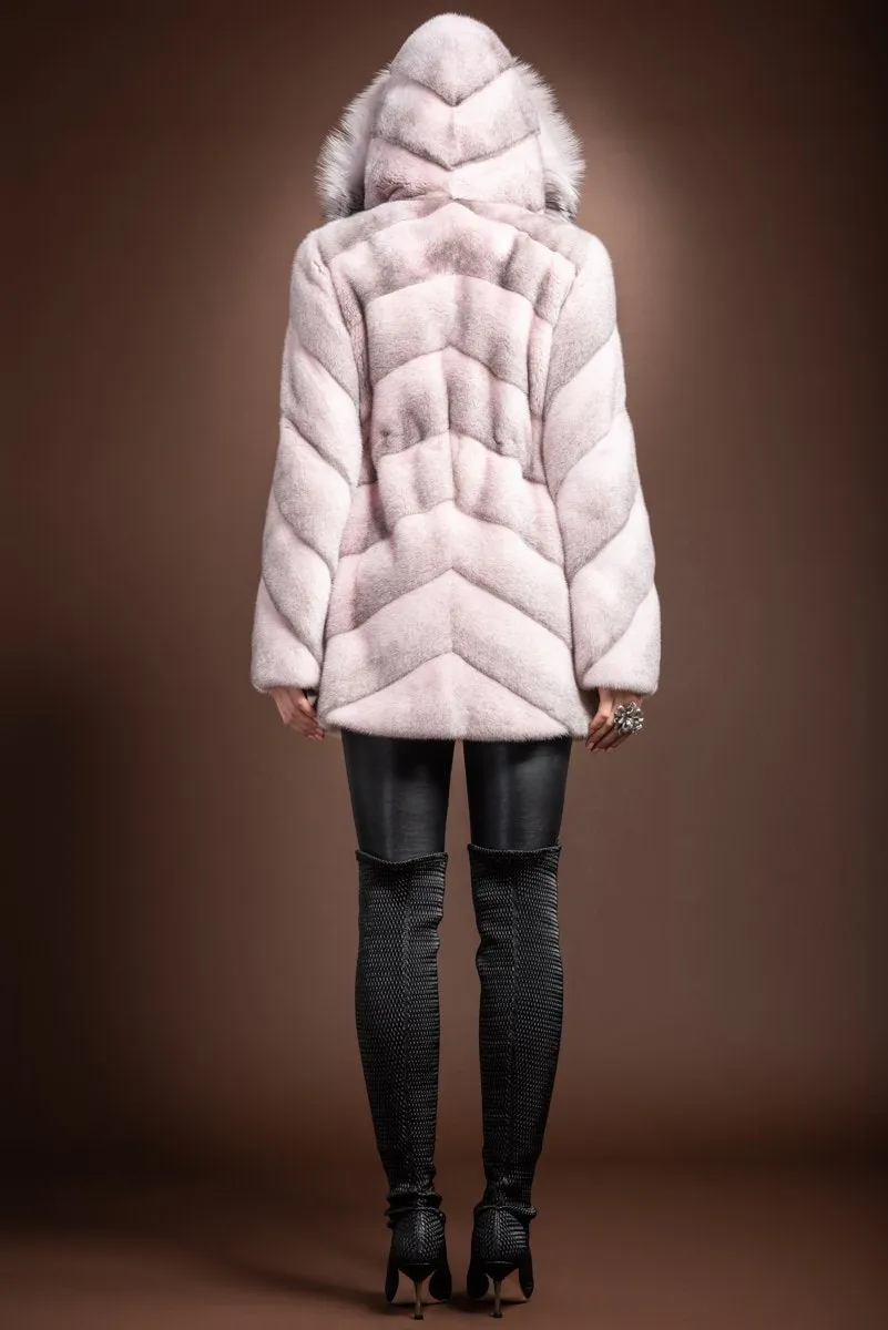 Hooded Diagonal Light Pink Cross Mink and Fox Fur Jacket