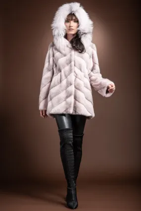 Hooded Diagonal Light Pink Cross Mink and Fox Fur Jacket