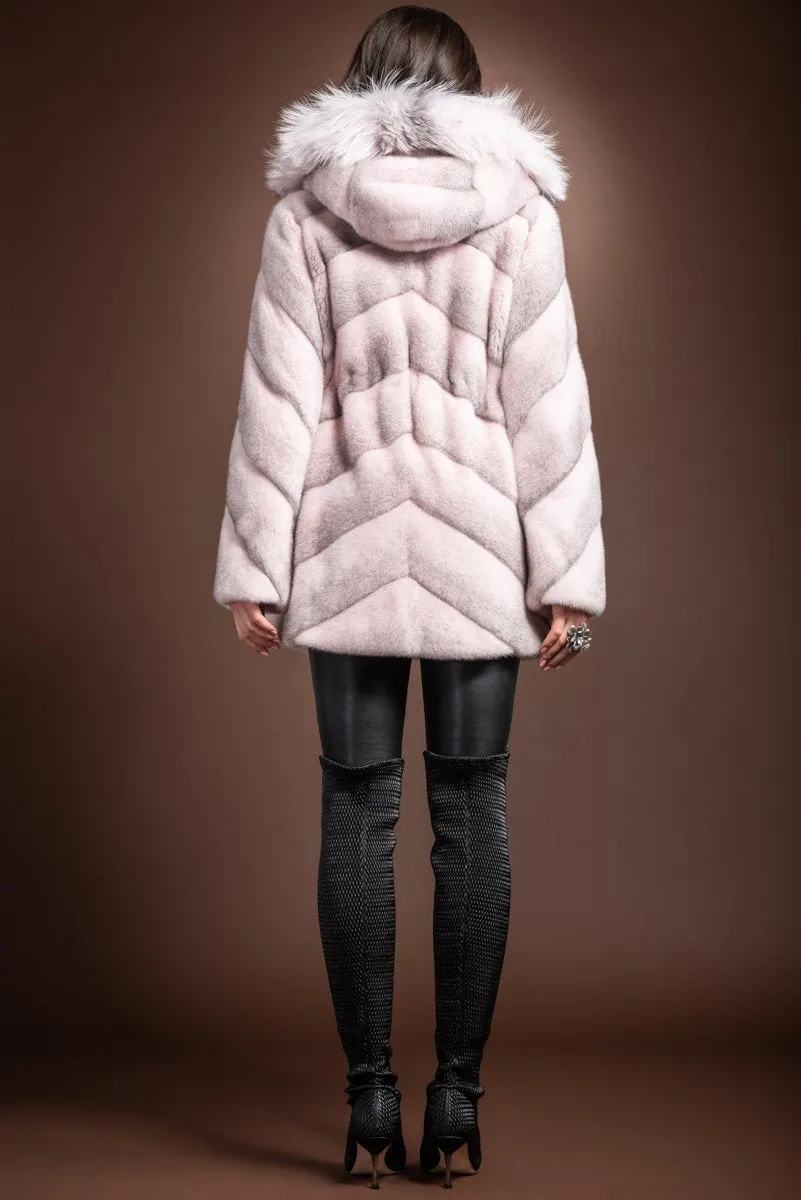 Hooded Diagonal Light Pink Cross Mink and Fox Fur Jacket