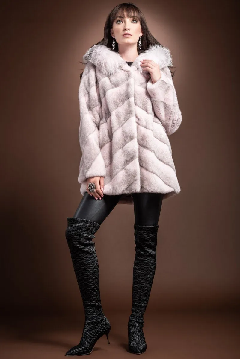 Hooded Diagonal Light Pink Cross Mink and Fox Fur Jacket