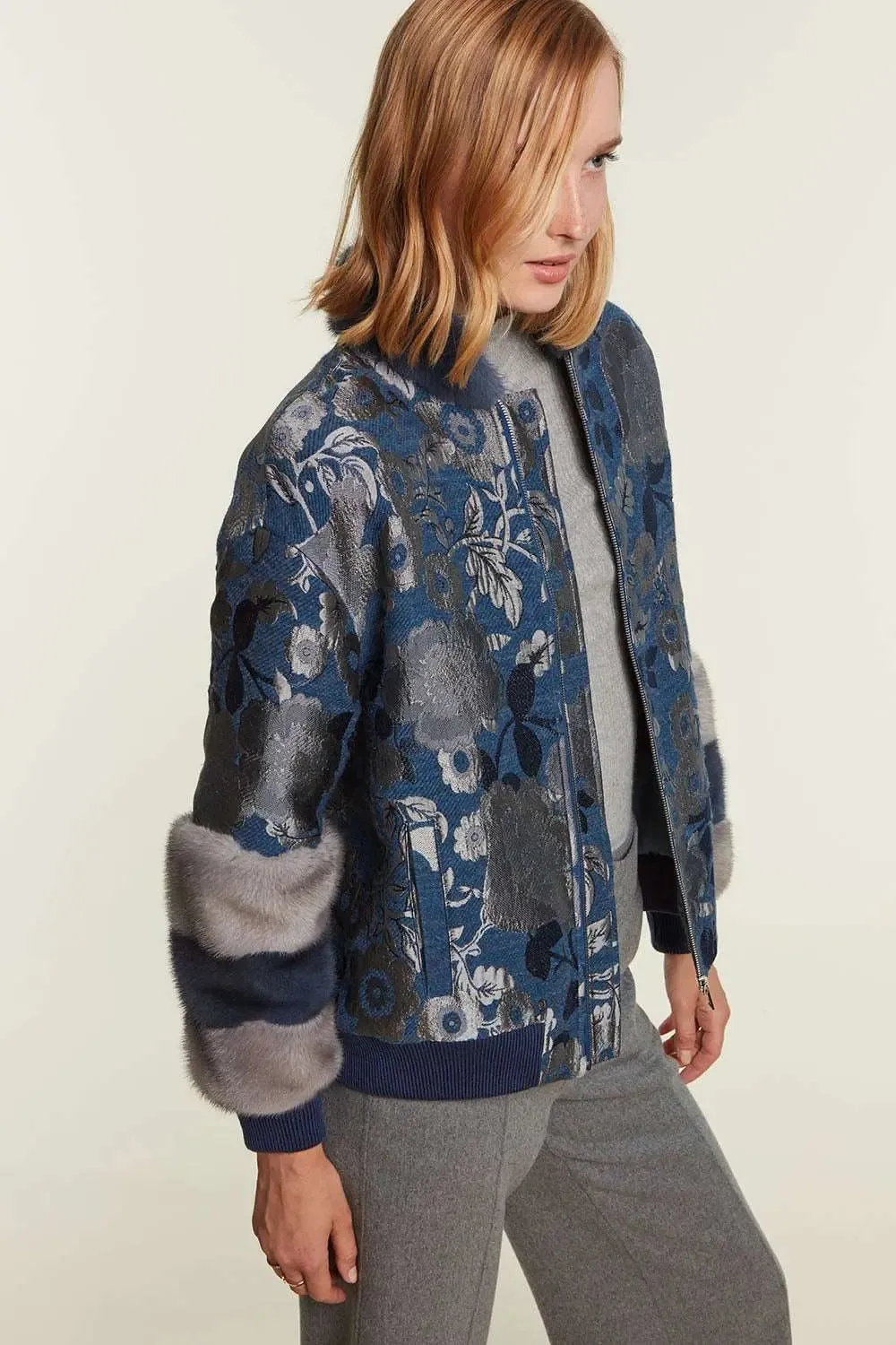 Jacket with grey and blue mink inserts