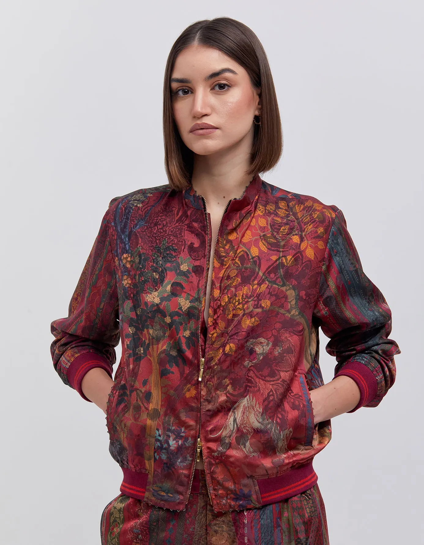 Janbaaz Bomber Jacket Silk Damask Crimson