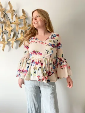 Jane & Delancey Blush Floral 100% Cotton Bell Sleeve Babydoll Peplum Ruffle Top - S/M