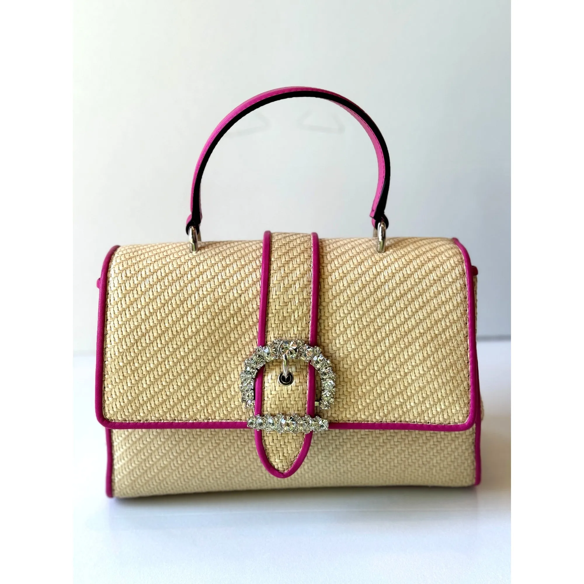 Jimmy Choo Cheri Crystal Medium Top Handle Bag Raffia Pink Leather Trim