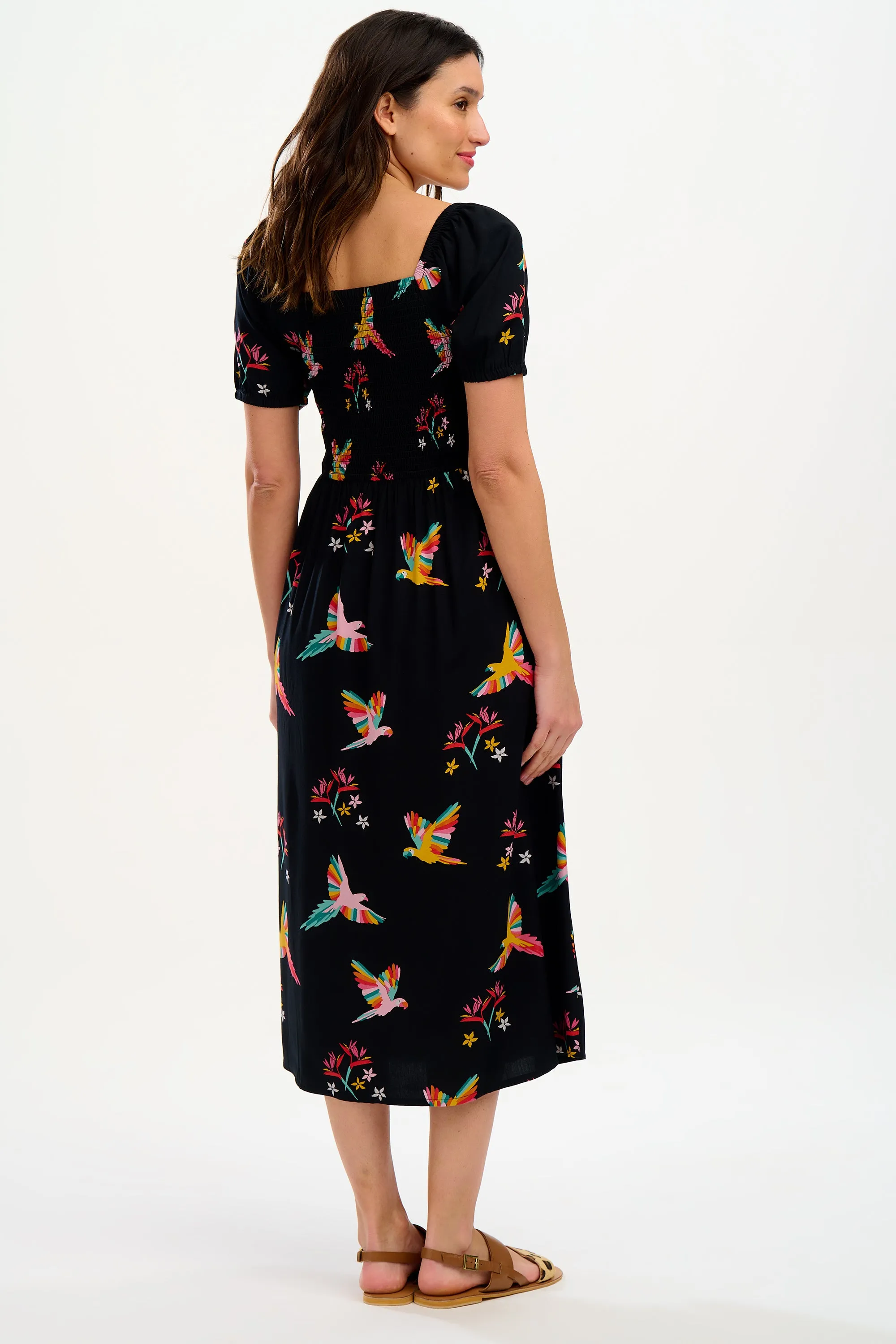 Jolene Midi Shirred Dress - Black, Tropical Parrots