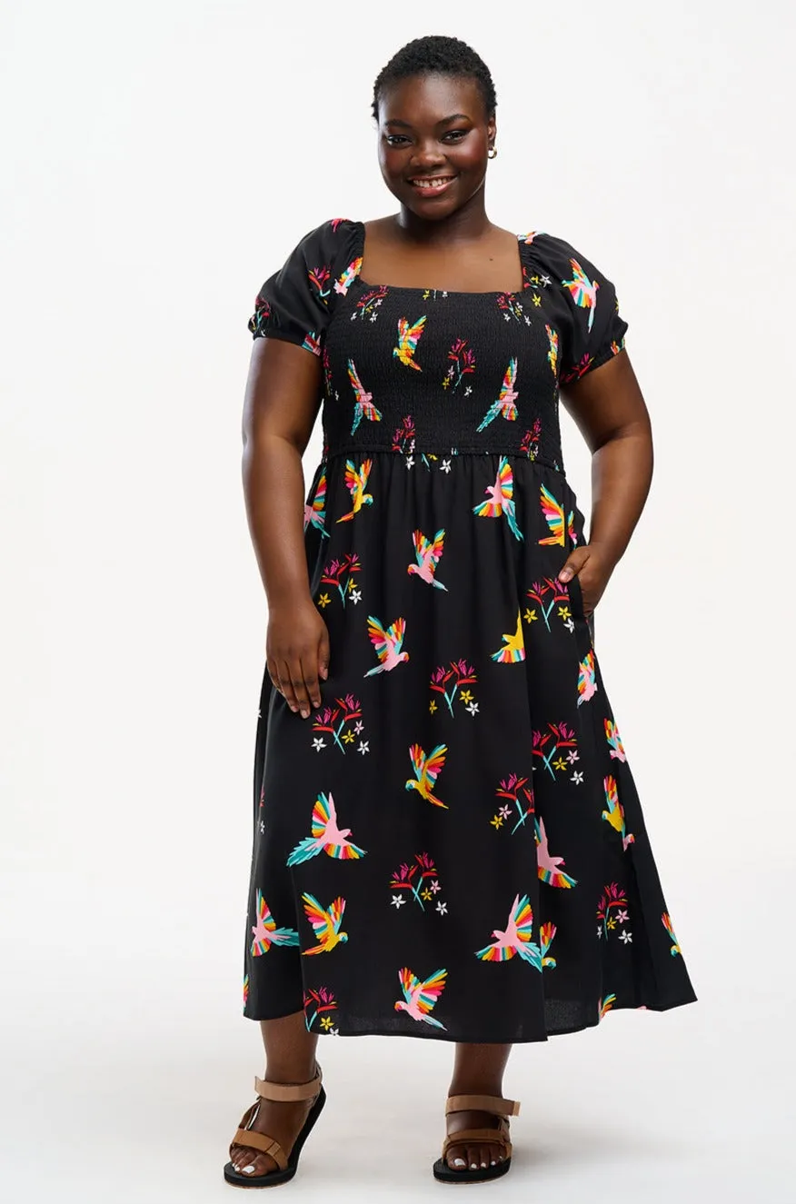 Jolene Midi Shirred Dress - Black, Tropical Parrots