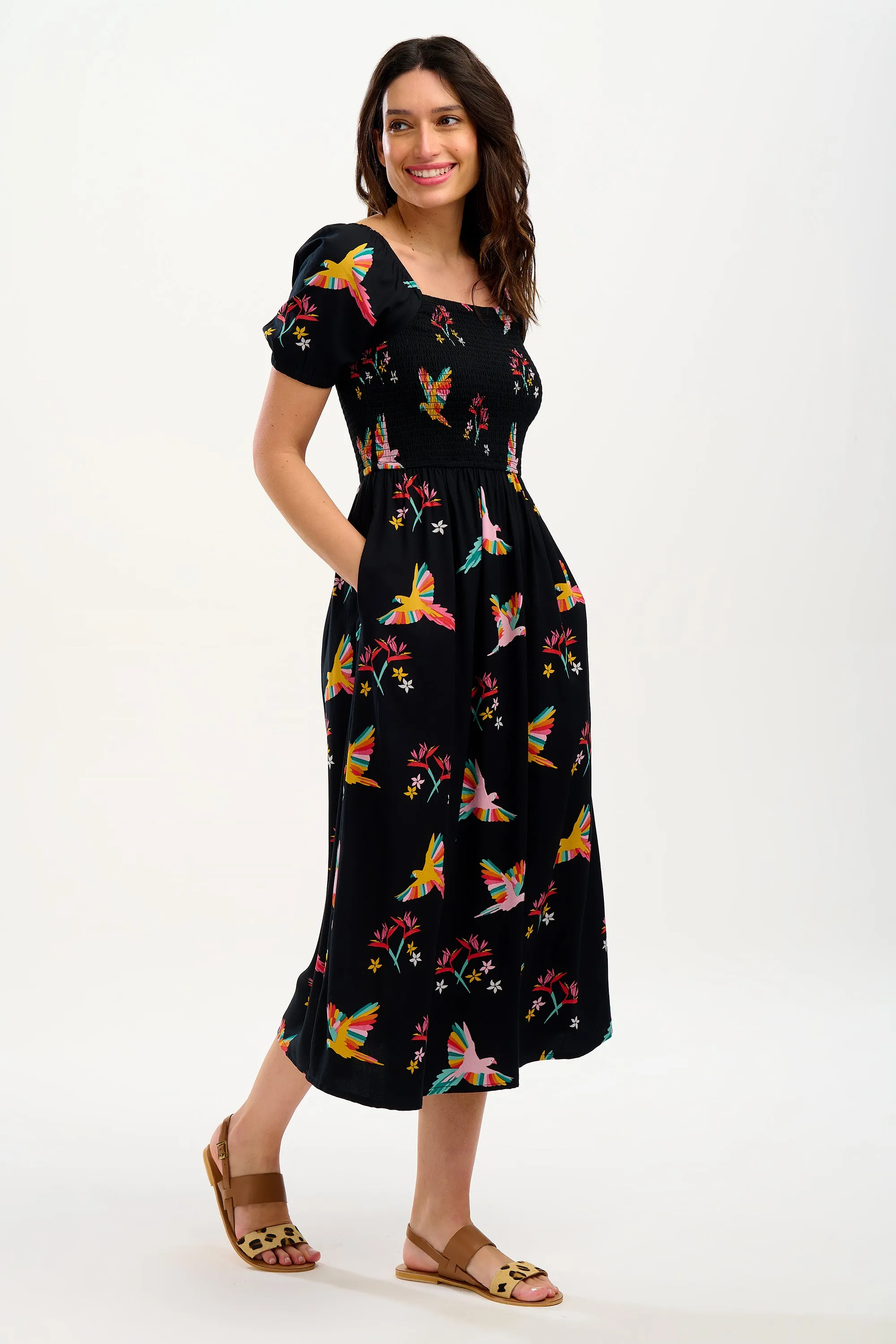 Jolene Midi Shirred Dress - Black, Tropical Parrots