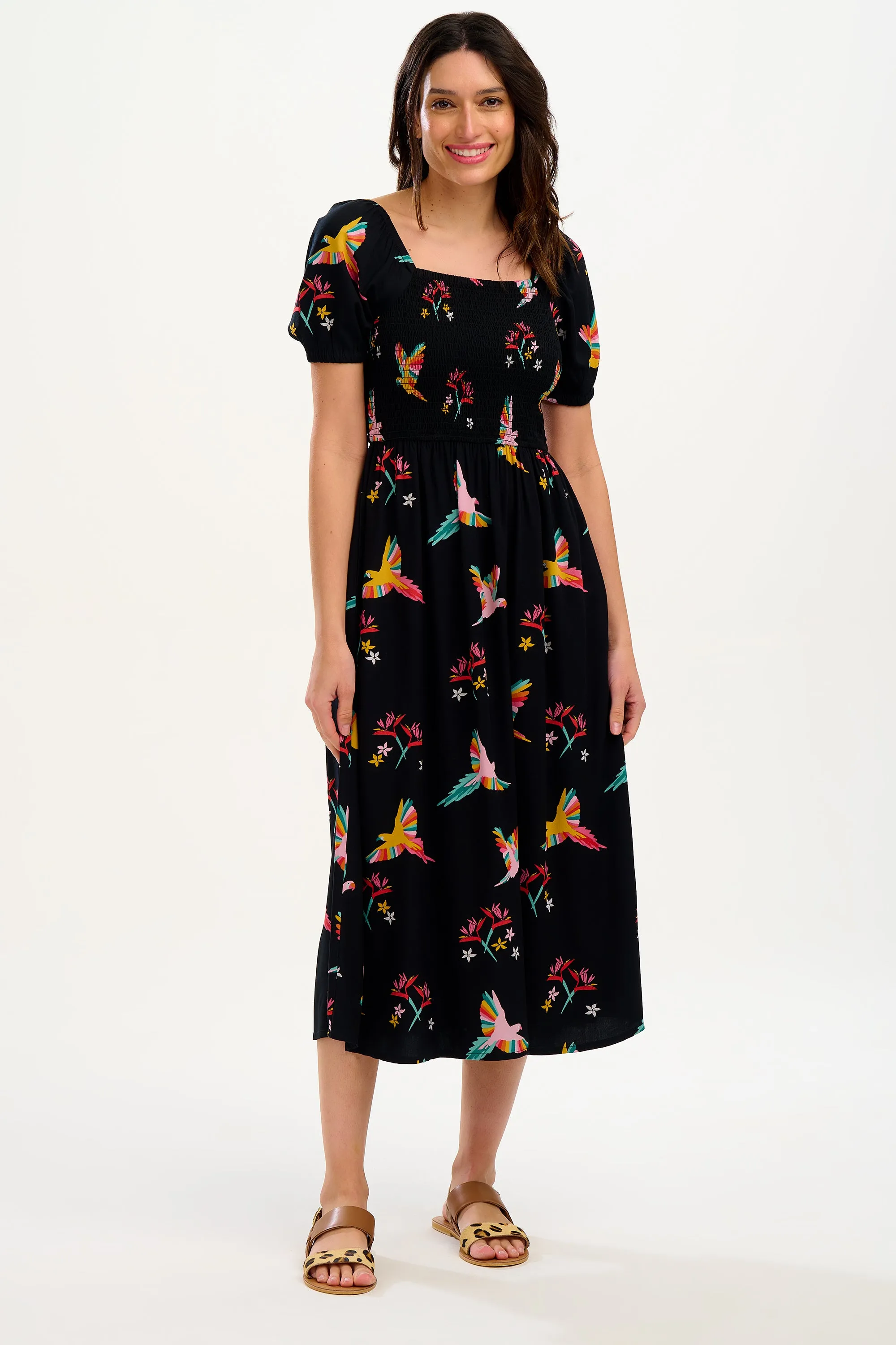 Jolene Midi Shirred Dress - Black, Tropical Parrots